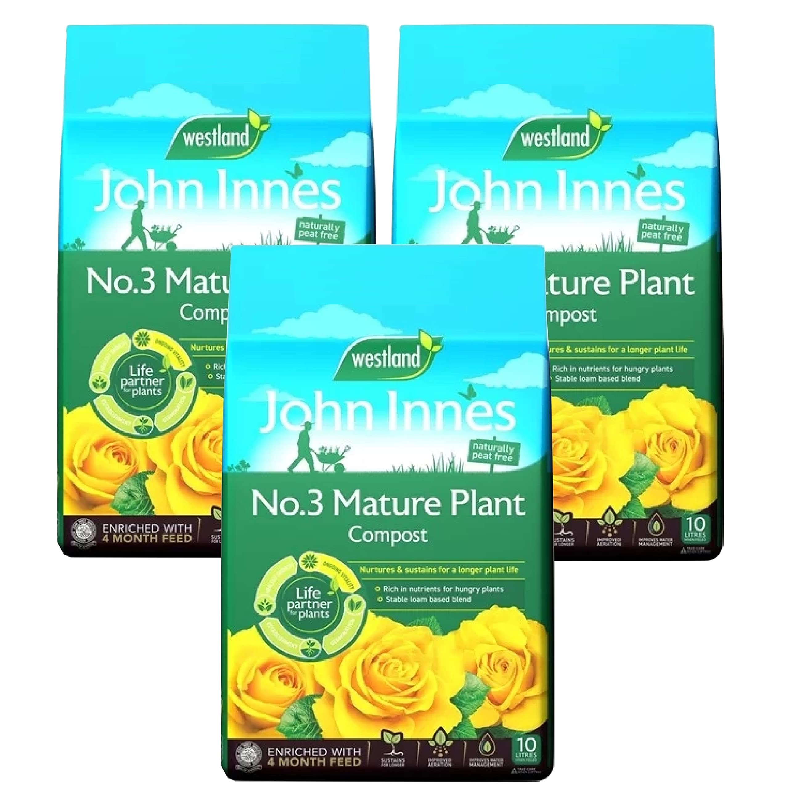 Westland Peat Free Garden Compost - John Innes No3 Mature Plant Potting Seedling Compost 3 x 10L Bags with Topline Card for Outdoor & Indoor House Plants.