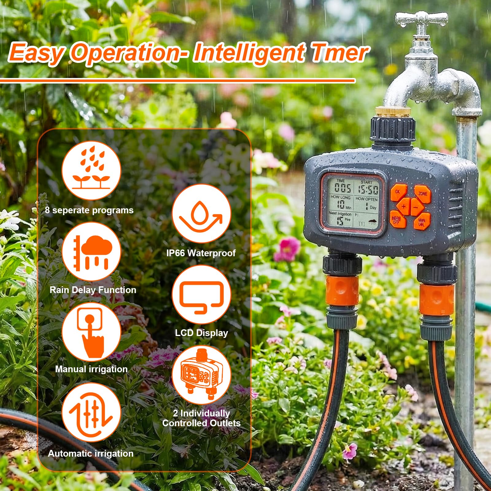 Bewässerungscomputer mit 2 Ausgängen, Wasserzeitschaltuhr Regenverzögerung, Automatische Bewässerung Wasser Zeitschaltuhr mit 8 Zeitplänen und Manueller Modus, Timer mit LCD für Rasen, Garten, Balkon