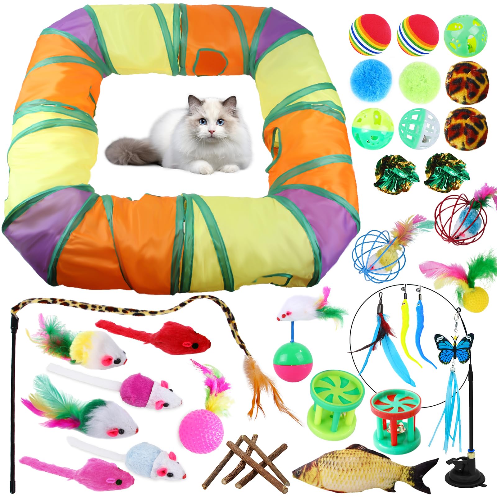 TAVADA 42 Piezas Juguetes para Paquete de Variedad para Gatitos,Set di Juguetes para Gatos Interactivo,Tunel para Gatos,Juguete Gato,Juguetes Gatos con Túnel para Gatos