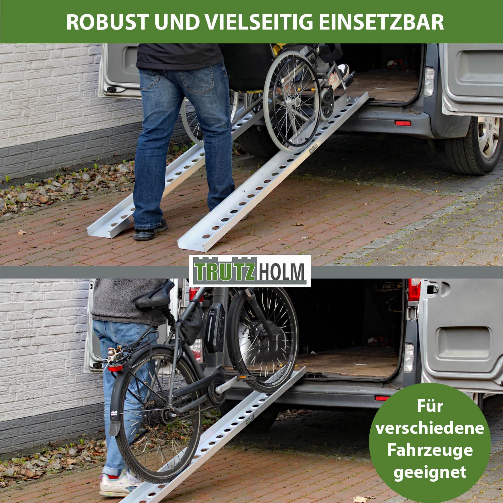 TRUTZHOLM 2X Auffahrschiene Aluminium Länge 194 cm Traglast 200 kg je Stück Verladerampe Moped E-Bike Fahrradrampe inkl. 2X Spanngurt grau
