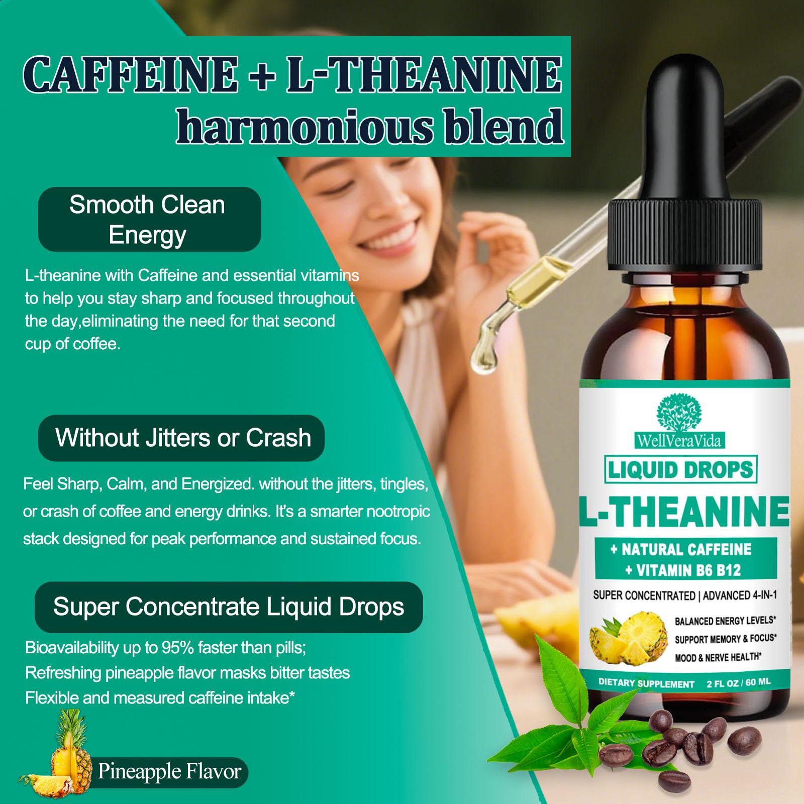 WellVeraVida L Theanine Caffeine Liquid Drops, High Potency L-Theanine 100mg w. Caffeine Vitamin B12 B6, Natural Nootropic Brain for Smooth Energy Focus Alertness, 6X Stronger Than Pills Powder Gum — Amazon image 6
