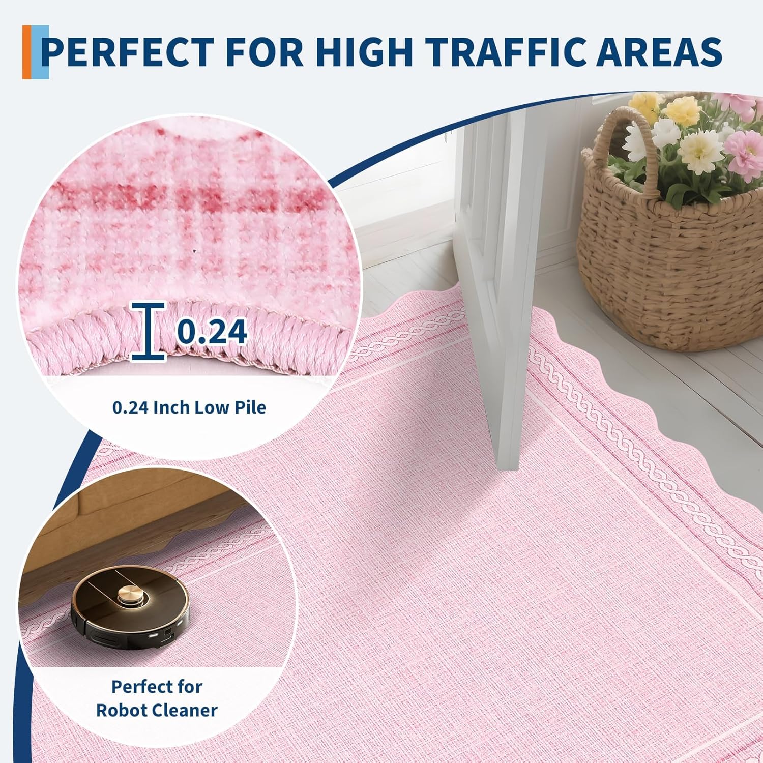 Garvee Scalloped Washable Runner 2x6 Runner Rug Kitchen Rugs Non Slip Washable Modern Entryway Rug Soft Low Pile Boho Bathroom Rugs Stain Resistant Carpet for Laundry Bedroom 2'x6' Pink