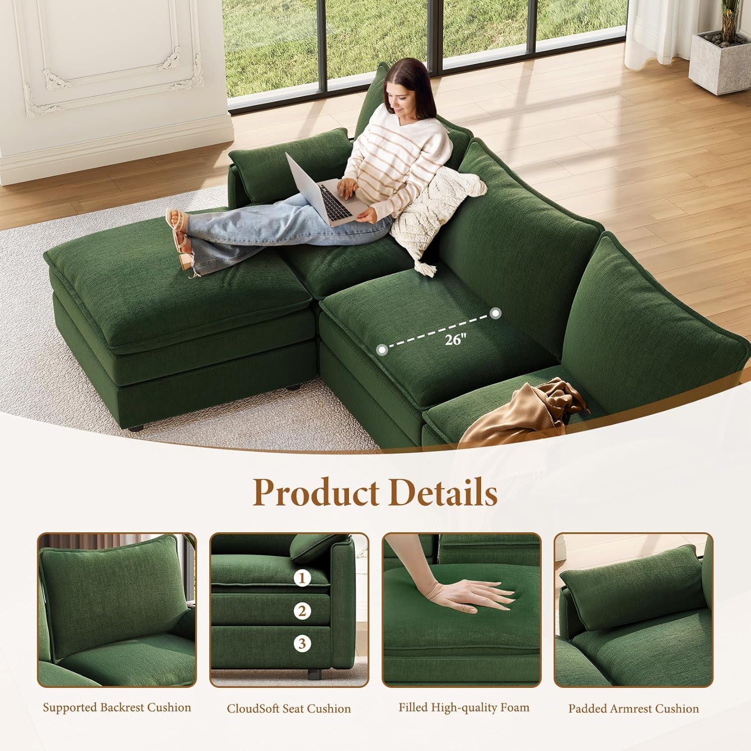 Close-up image showing the sofa's supported backrest cushion, CloudSoft seat cushion with three layers, filled high-quality foam, and padded armrest cushion.