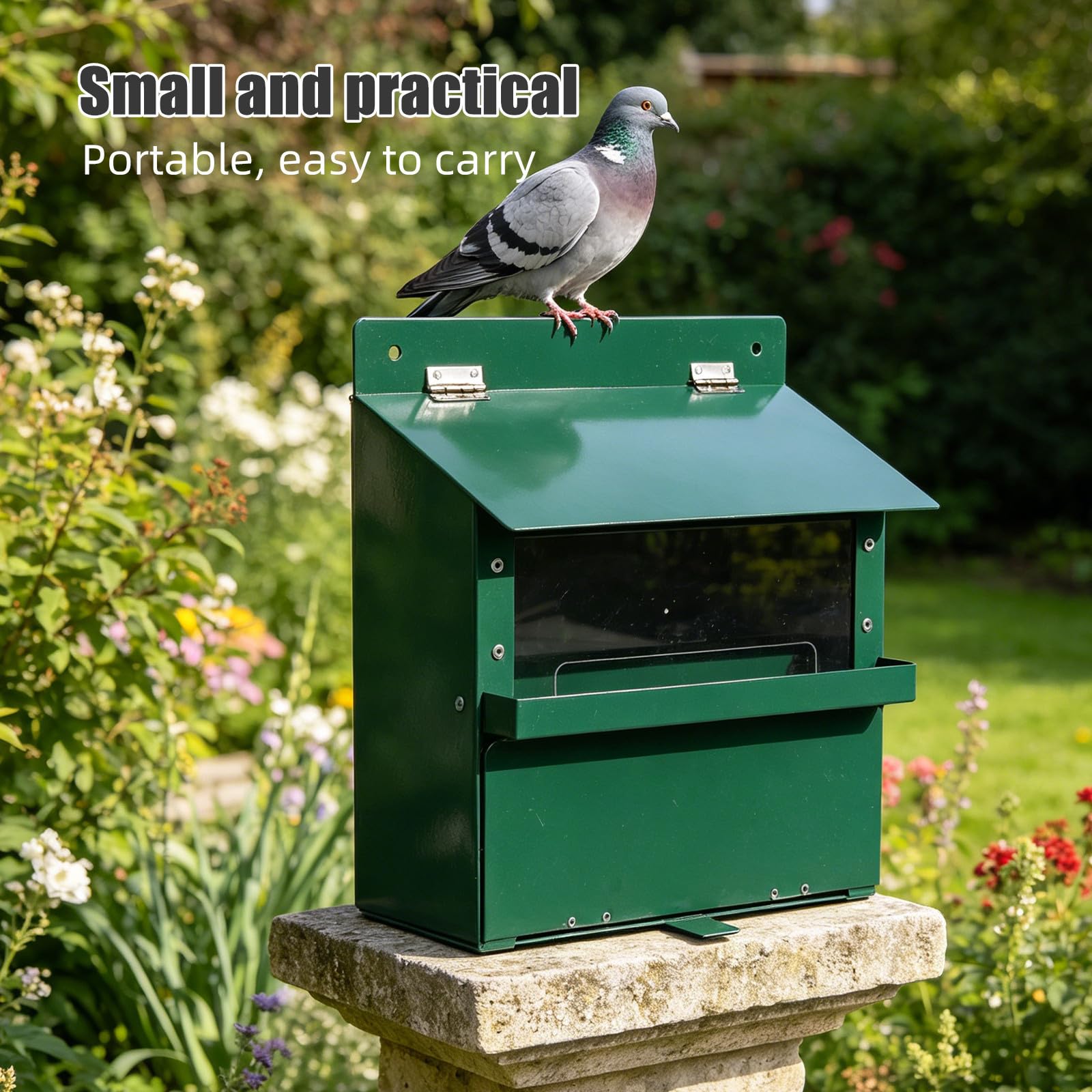 Großer Eichhörnchen Futterautomat aus Metall mit Einfacher Nachfüllung und Plattform Design für Garten und Baum Grün Wetterfest mit Gewichtsbasis und Schutzdach