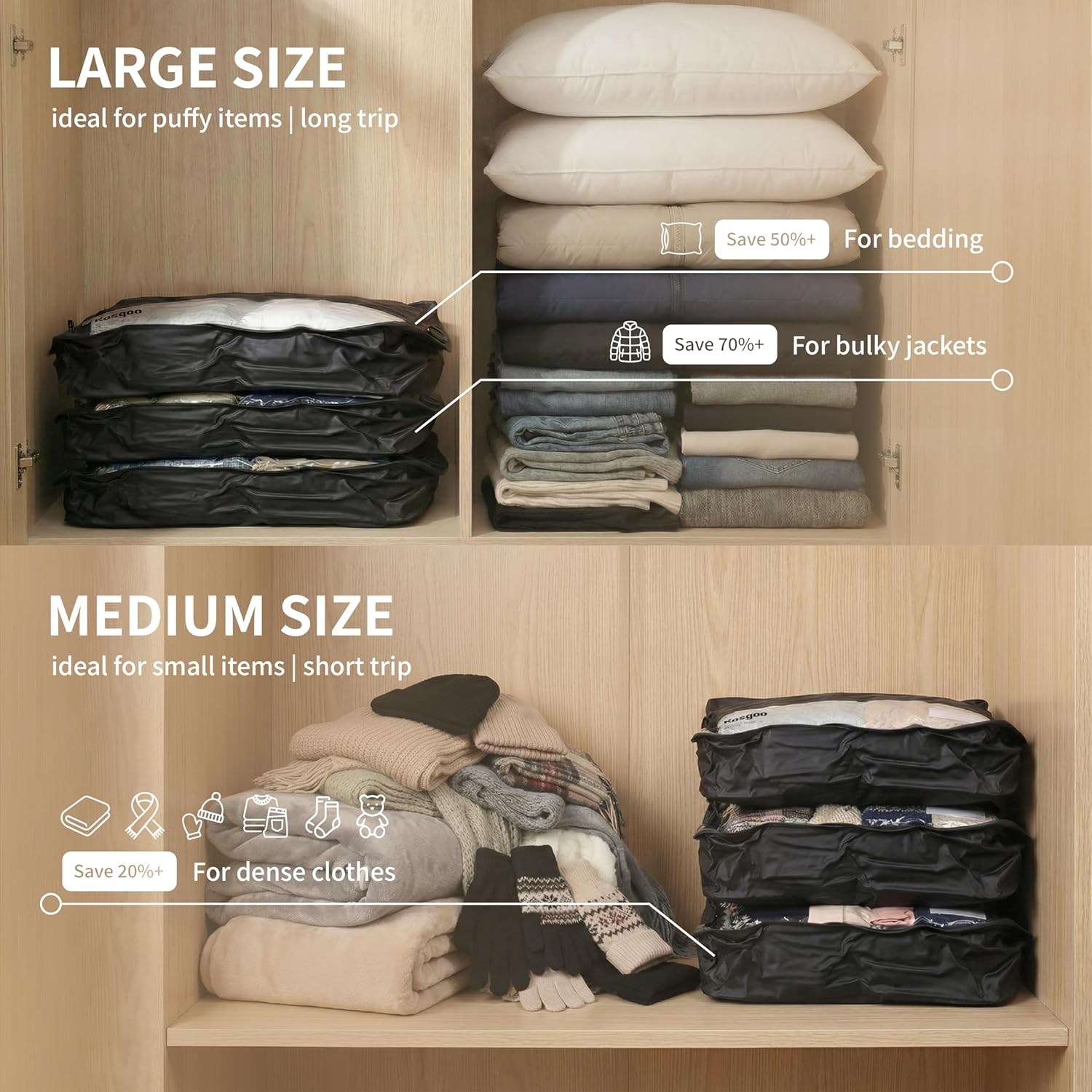 Vacuum Compression Bags for Travel with Pump Reusable for Carry-on Suitcase Backpack Home Storage, IP67 Waterproof, Wide Opening, Transparent Window (2 Pack + Pump Beige) - Image 6