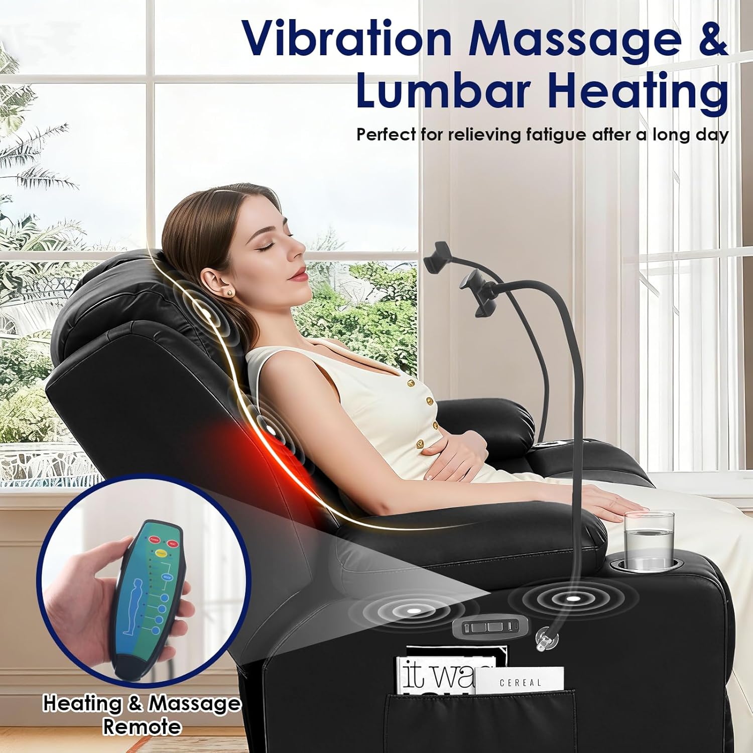 Redlife Power Loveseat Recliner Sofa, PU Leather Dual Reclining Couch with Vibration ＆ Heating, Blue LED Base Lights, USB Ports, Cup Holders & Phone Holders, Home Theater & RV Reclining (Black)