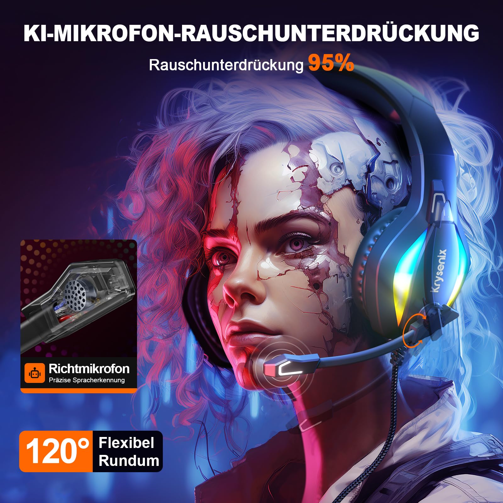 Krysenix PG1 RGB Gaming Headset für PS4, PS5, PC, Nintendo Switch, Xbox, Headset mit Mikrofon, Gaming Kopfhörer mit Mikrofon, Noise Cancelling Kopfhörer mit 3.5mm Klinke Schwarz