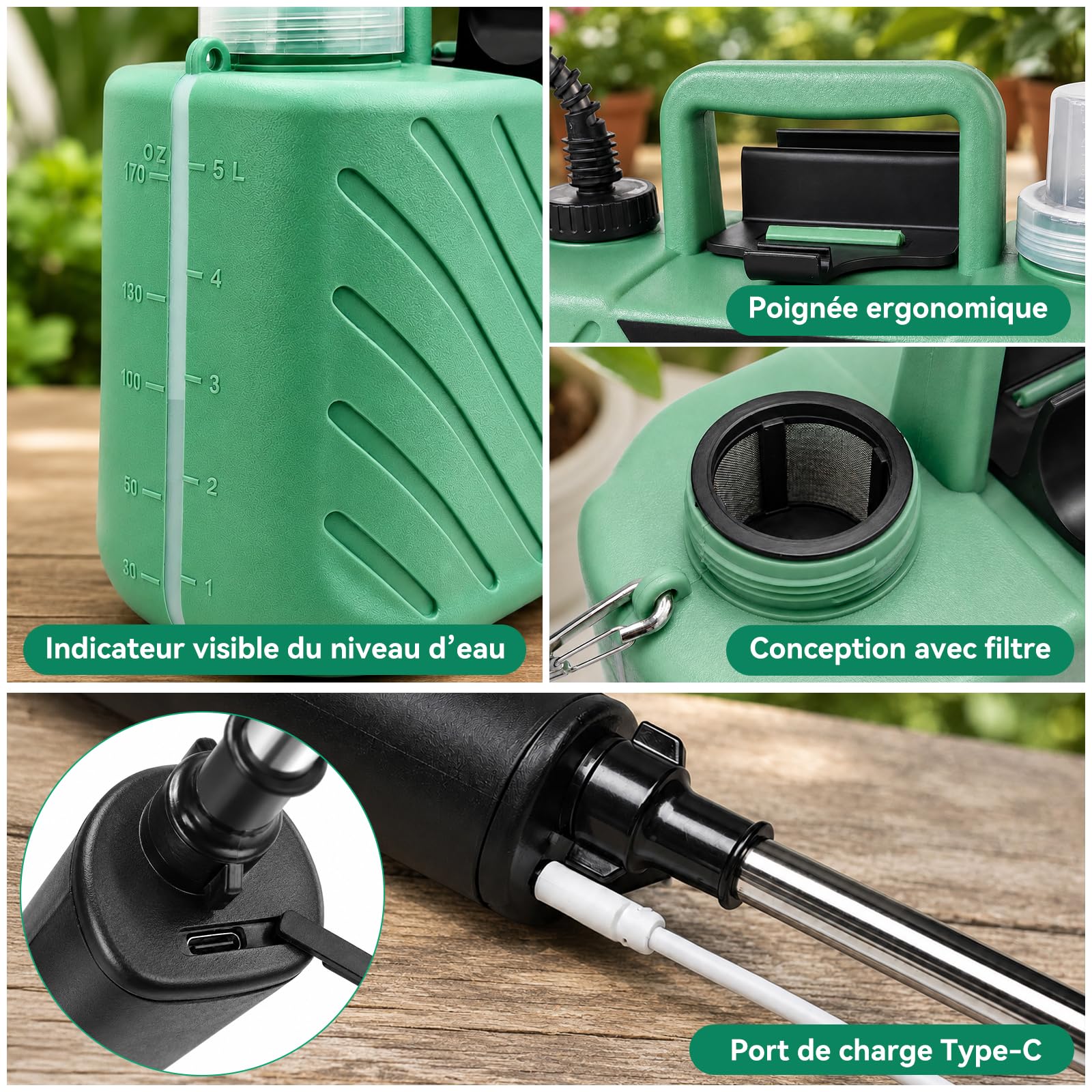 MANKIW Pulvérisateur à pression sans fil 5 l, pulvérisateur à pression électrique avec 3 buses, batterie USB, avec tige télescopique et bandoulière, pulvérisateur de jardin électrique pour plantes