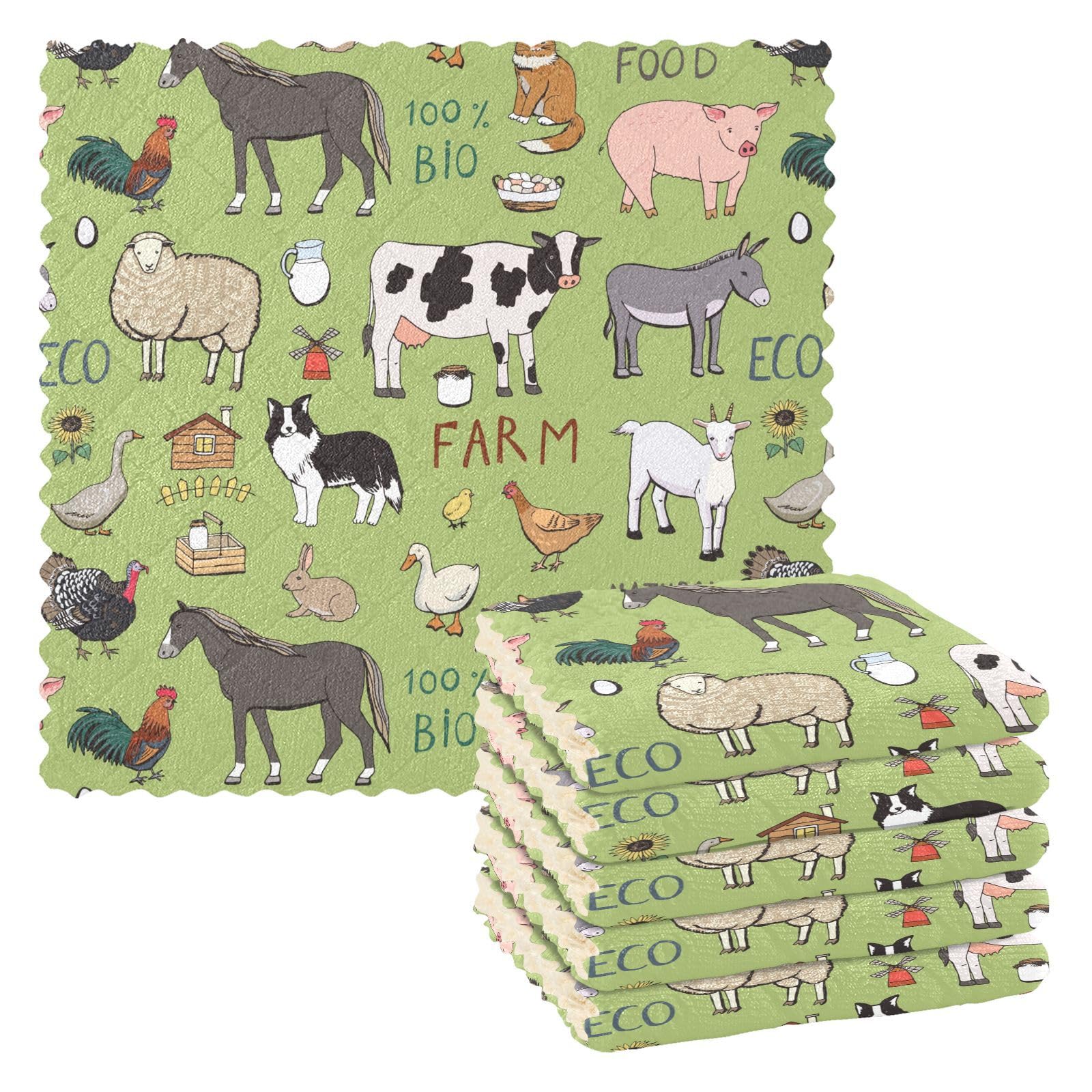 Ksajwzf Dish Towels Kitchen Cleaning Cloths Farm Cow Sheep, Dish Cloths Tea Soft Towel Animals Cartoon Kitchen Accessories Set of 6,11"x11"