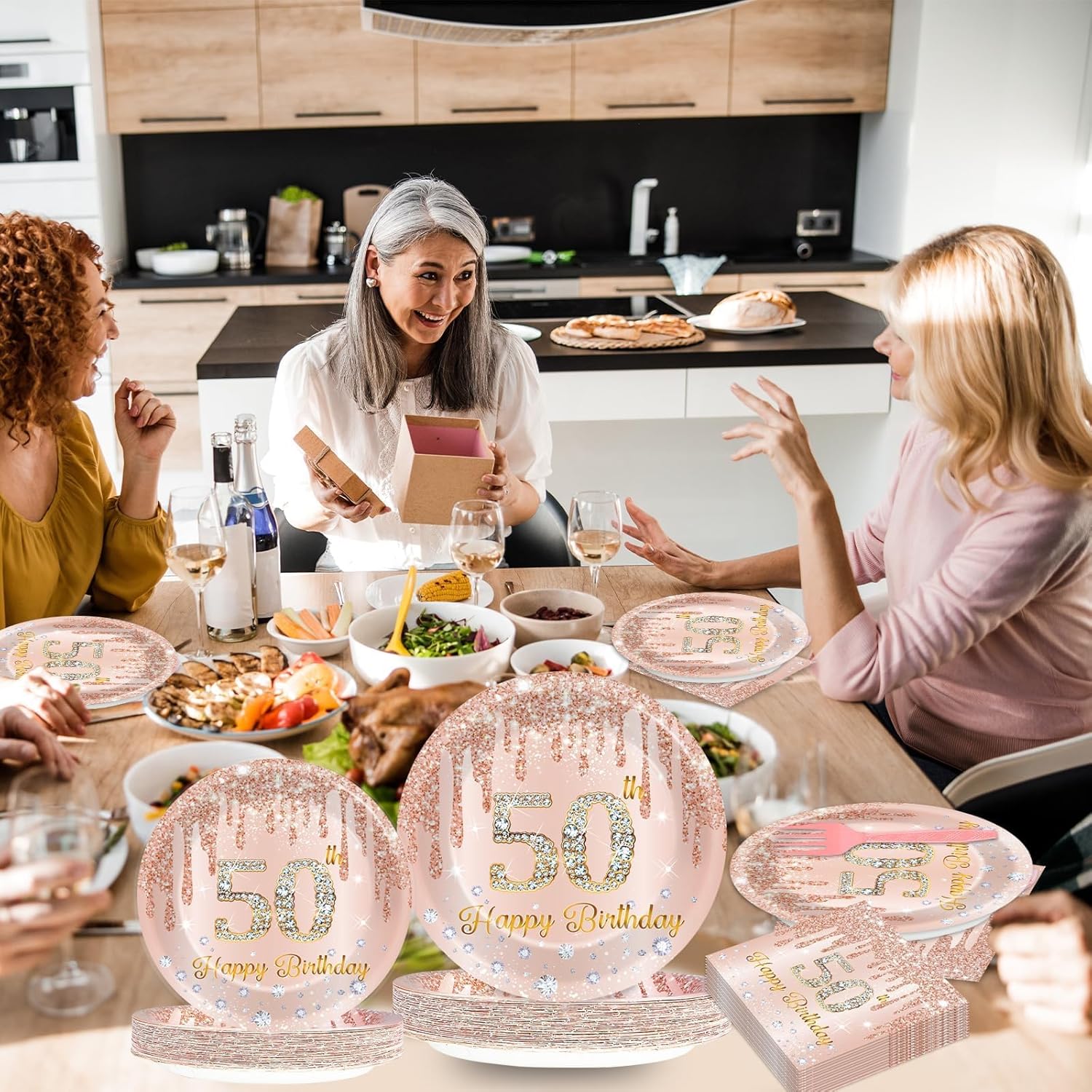 CHUNNIN 200 PCS Happy 50th Birthday Party Plates Napkins Pink Rose Gold Tableware Set for Women 1976 Decorations Dessert Plates Forks Serve 50 Guests for Girls 50th Birthday Party Supplies - Image 7