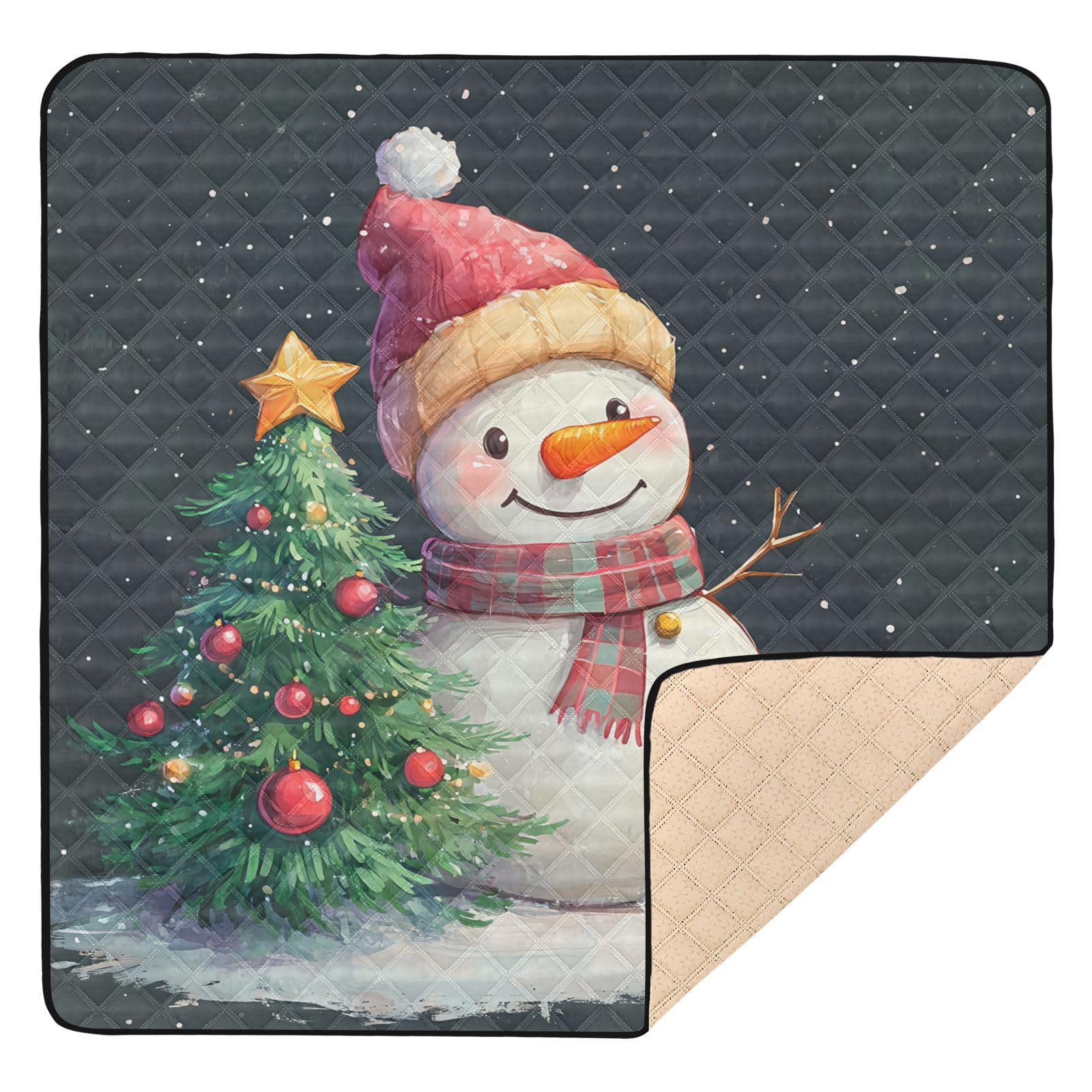BOESI Doodle Cute Snowman Pattern Baby Play Mat, 50“ X 50” Washable Folding Crawling Mat, Baby Floor Mat, Soft, Thick, Non-Slip