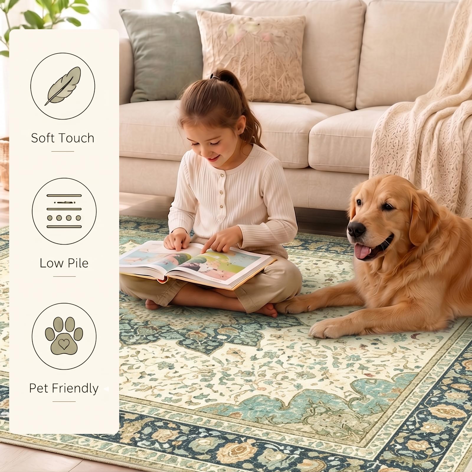 Tapis vintage lavable, pour salon, vert sauge, à poils bas, antidérapant, tapis doux avec motif vieilli pour chambre à coucher, salle à manger et salon - 140 x 200 cm