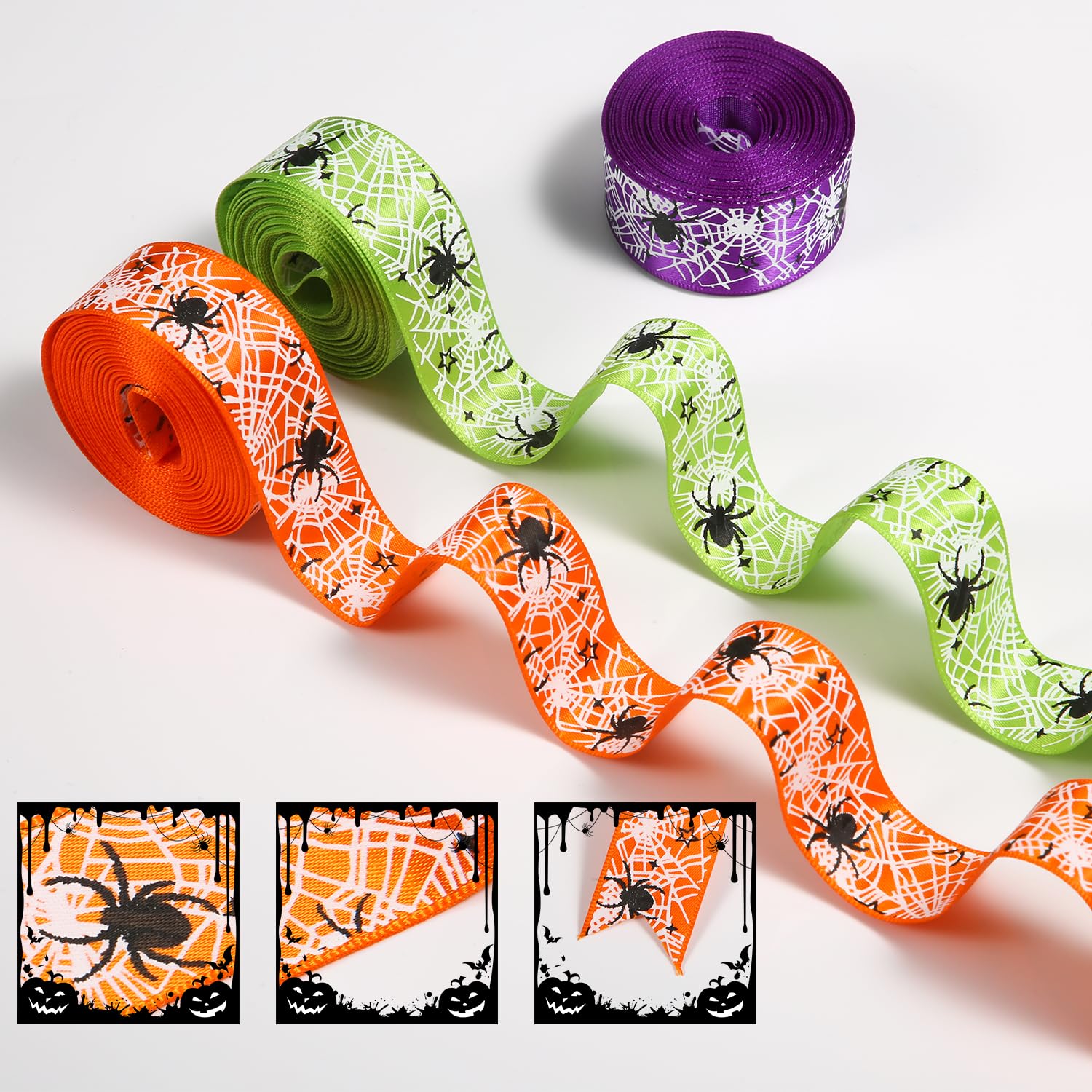 3 Rotoli Nastro Halloween, 13,7m Nastro Ragnatela Colorato Nastri Decorativi di Halloween per Artigianato Ghirlande Fai da Te Festival Casa Festa Decorazioni