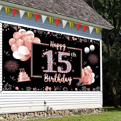 Miniatura 4 de Decoraciones de cumpleaños número 15 para niñas, telón de fondo de pancarta de feliz 15 de oro rosa, suministros de fiesta de dulces 15 años, cartel