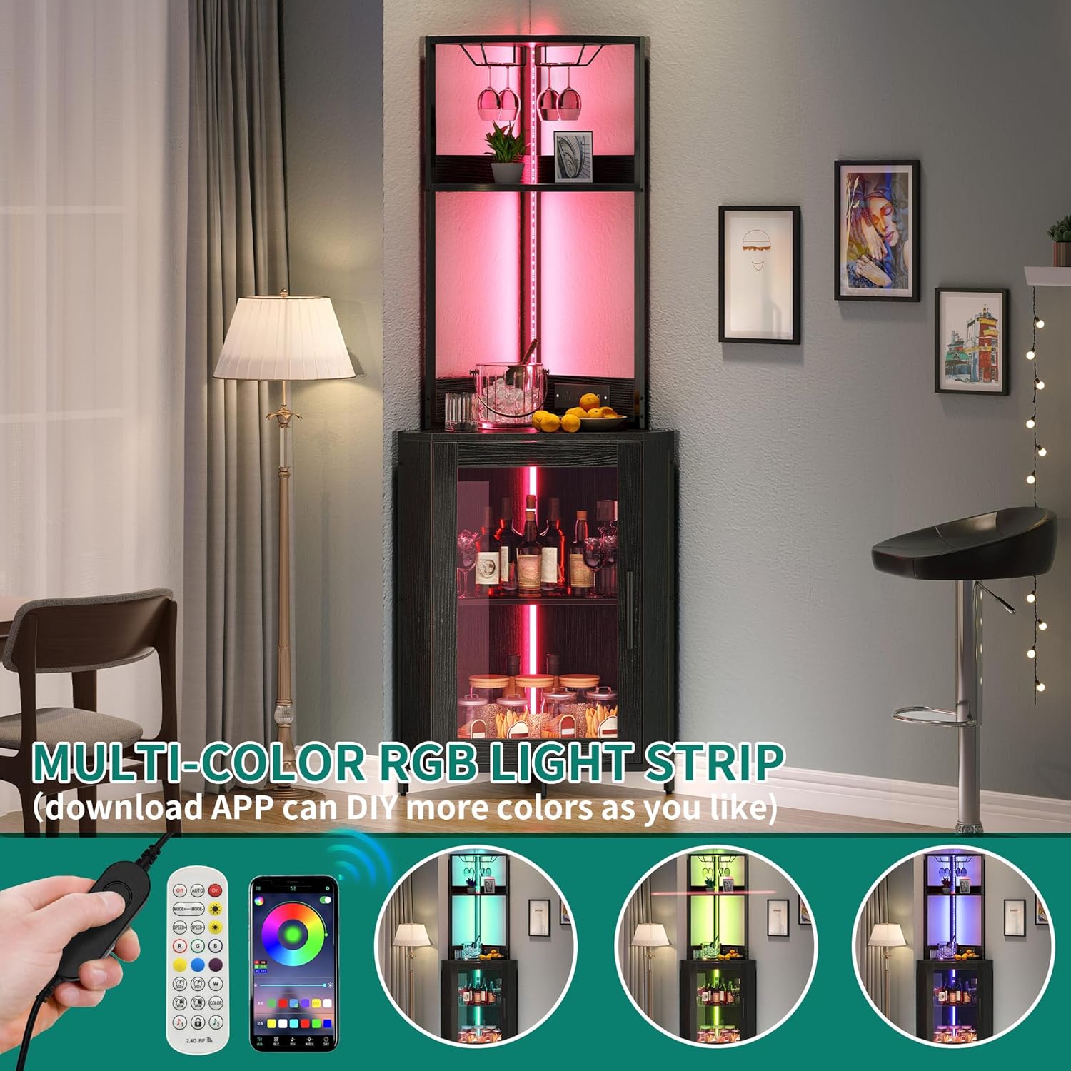 YITAHOME Corner Wine Cabinet with Power Outlets & LED Lights, Corner Bar Cabinet with Glass Holder, Liquor Bar Rack Cabinet for Living Room, Dining Room, Kitchen, Metal Black