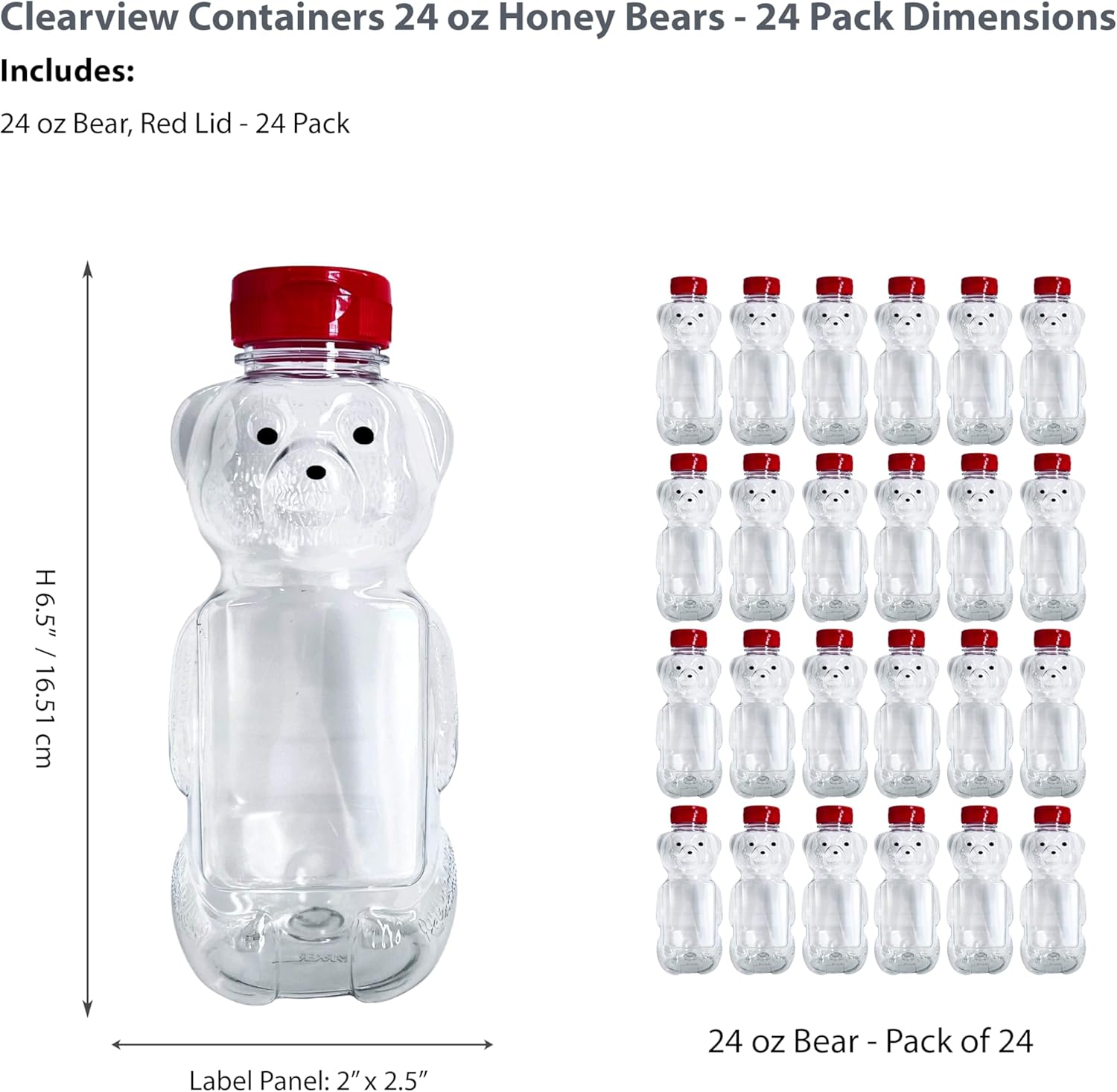 24 Pack of 24 Ounce Honey Bears with Sealable Red Flip Top Lids (24 oz. Bear, 24pk, Red)