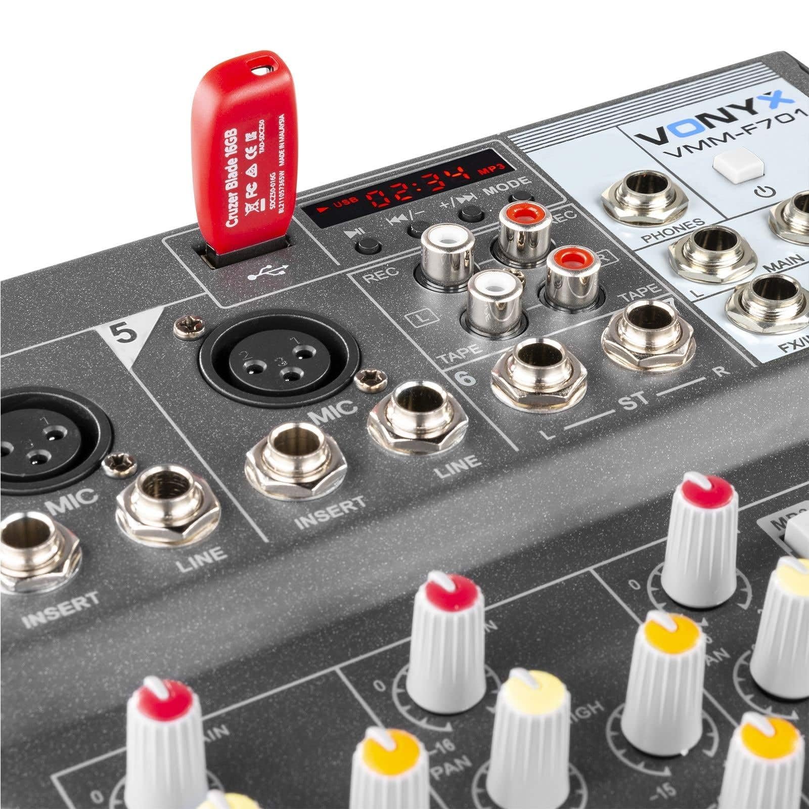Vonyx VMM-F701 Mesa de mezclas de 7 canales con USB, 5 entrada de micrófono jack/XLR, 2 entradas jack, salida máster con Jack, Bluetooth, phantom +48v, salida de auriculares, efecto delay