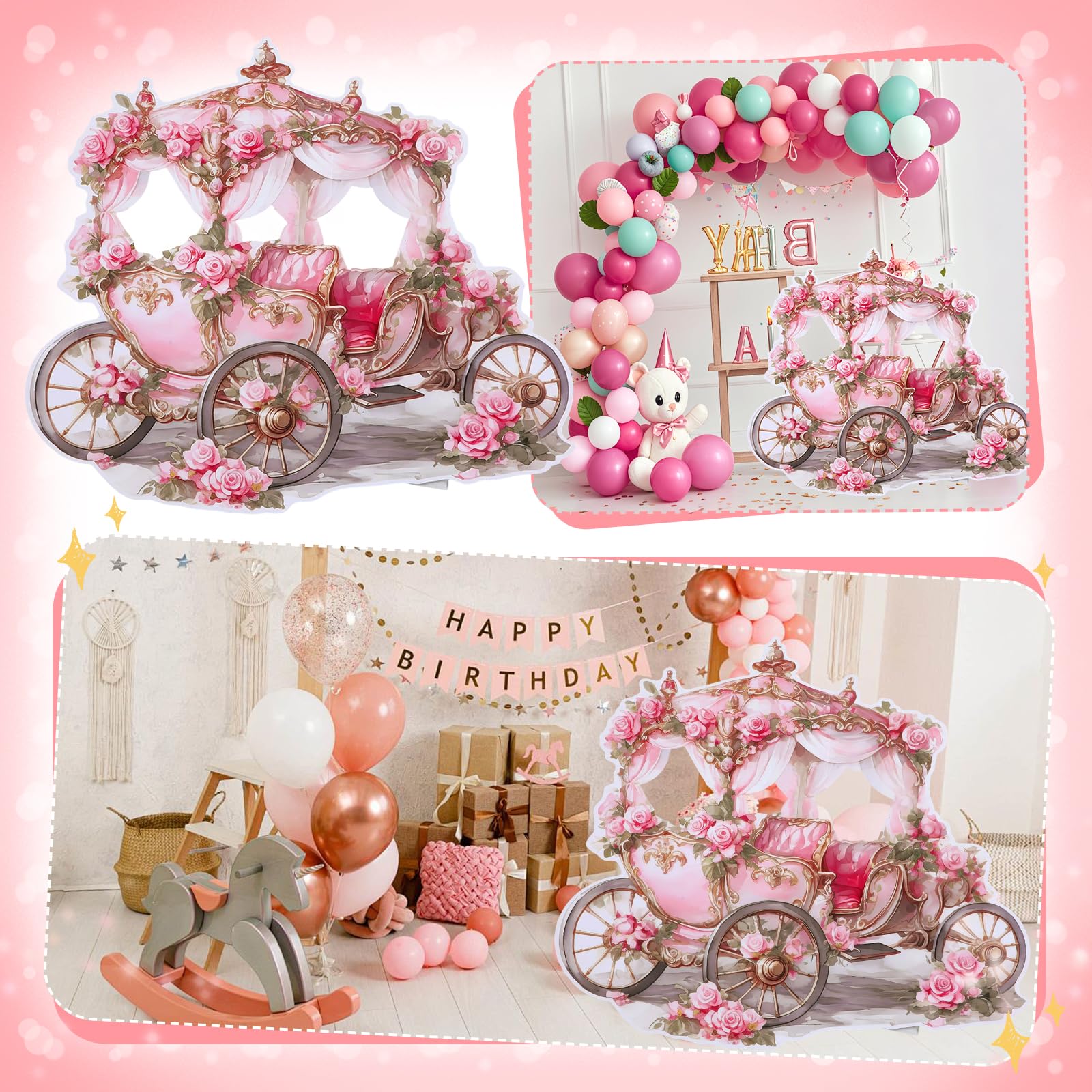 Toile de fond en carton pour photomaton de princesse – Découpe en carton grandeur nature – Toile de fond pour photographie – Décoration de fête d'anniversaire princesse (1, chariot de fleurs roses)