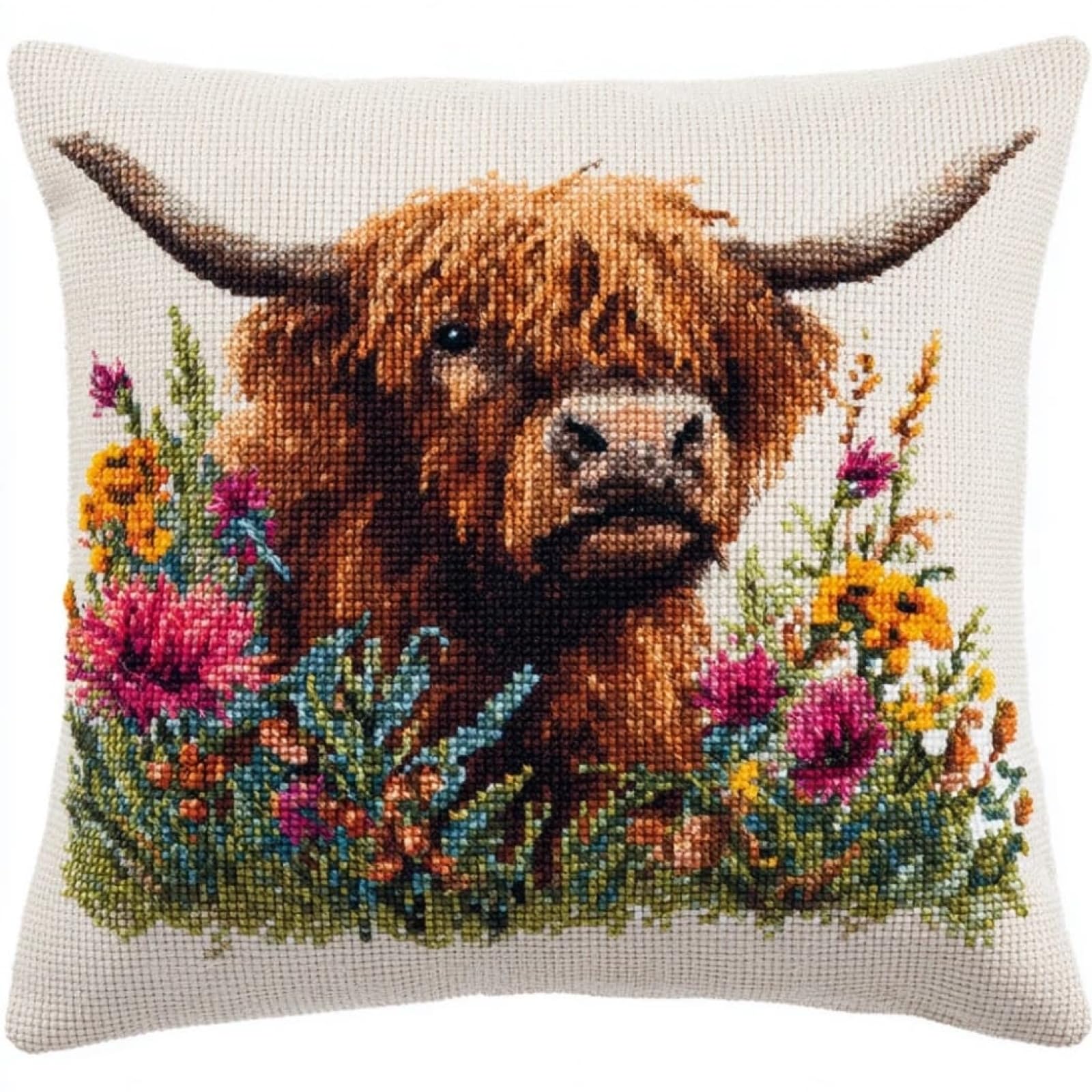 WallustrioaW Stamped Cross-Stitch Kit Printed Canvas,Highland Cattle in the Flowerbed,Cross Stitch Cushion Kits Needlework for Adult Beginners 11ct Decoration Embroidery Pillow Case,45x45cm