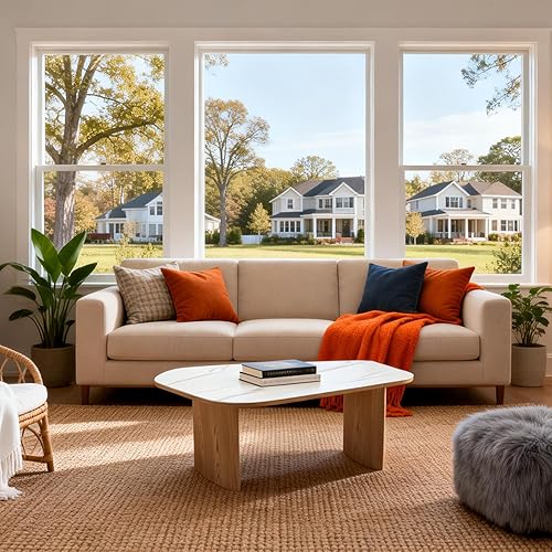 Miniatura 7 de Mesa de centro moderna de cristal, mesa de centro para sala de estar, tapa de vidrio templado con base de madera resistente, mesas de centro Mármol