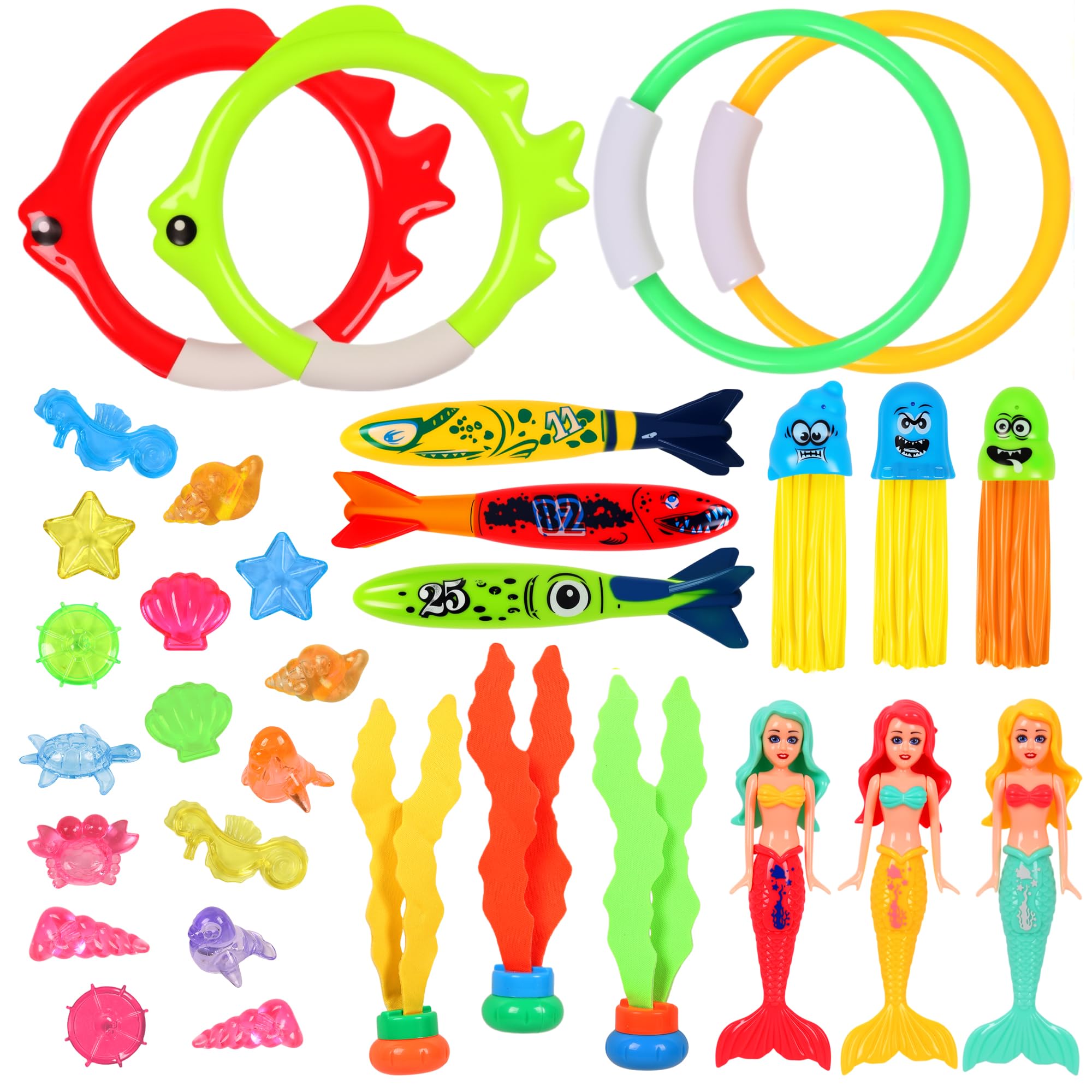 SinHin 33 PCS Diving Toys for Swimming Pool,Sinkies for Kids Swimming Underwater Diving Toys Set with Diving Mermaids,Torpedo,Seagrass,Marine gem,Diving Rings and Stringy Octopus for Summer Pool Party