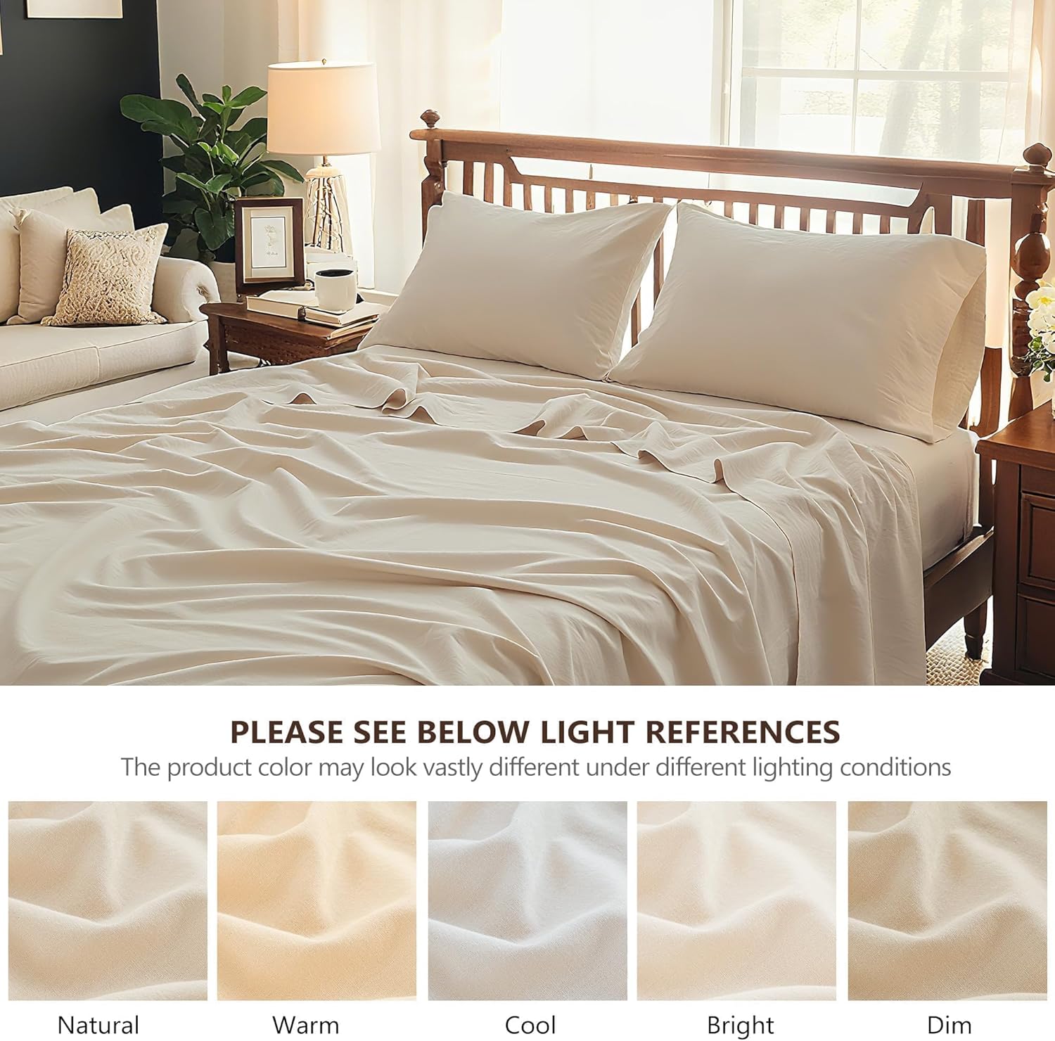 Flax Linen Cotton Sheet Set King Size, 4Pcs Natural Linen Blend Bed Sheet with 1 Flat Sheet, 1 Fitted Sheet & 2 Pillowcases, Soft & Breathable Farmhouse Bedding Set for Hot Sleepers (Linen, King) - Image 7