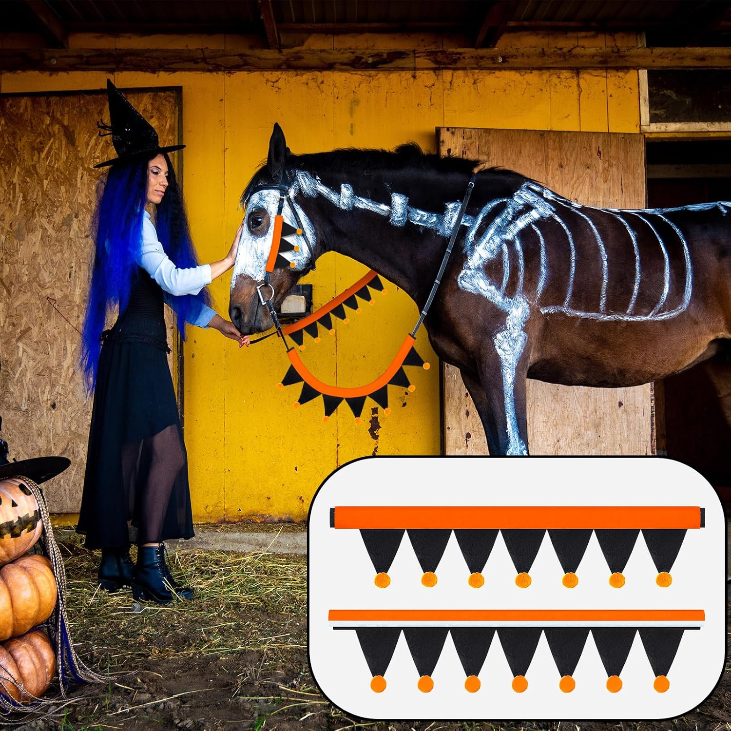 Abbylike 5 Pcs Halloween Horse Halter Rein Cover Set, Felt Orange and Black | Horse Halter Rein Cover Cheek and Nose Pads for Bridle, Triangle Banner with Pom Poms, Easy Install on Tack,Halloween Costume