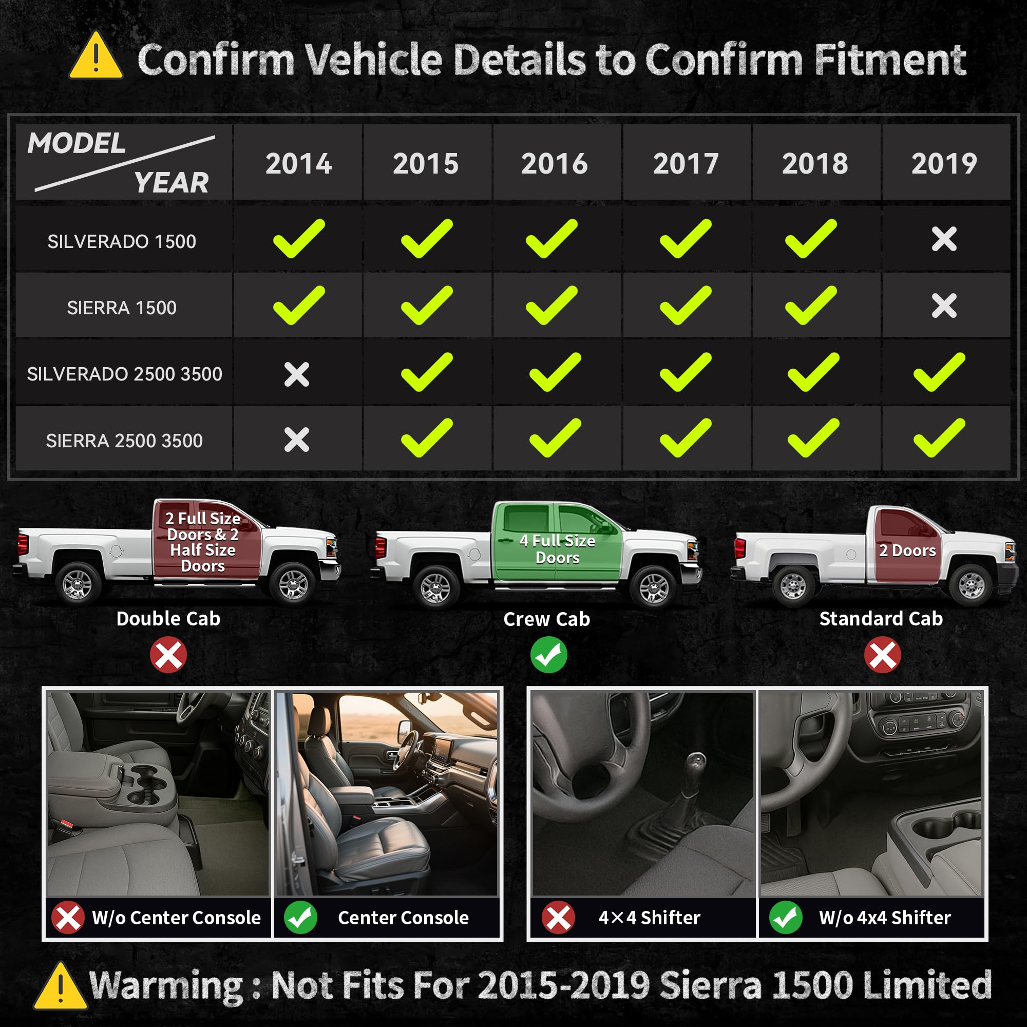 OEDRO Floor Mats Fits for 2014-2018 Chevy Silverado GMC Sierra 1500 Crew Cab 2015-2019 Silverado Sierra 2500 HD — view 5