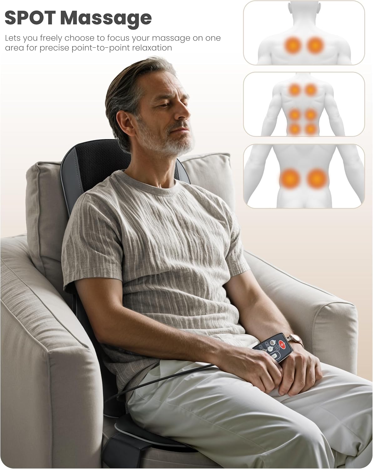 Close-up of the COMFIER remote control with labeled buttons: Power Button, Shiatsu Area Button, Heat Button, SPOT Button, Shiatsu Speed, and Vibration Button.