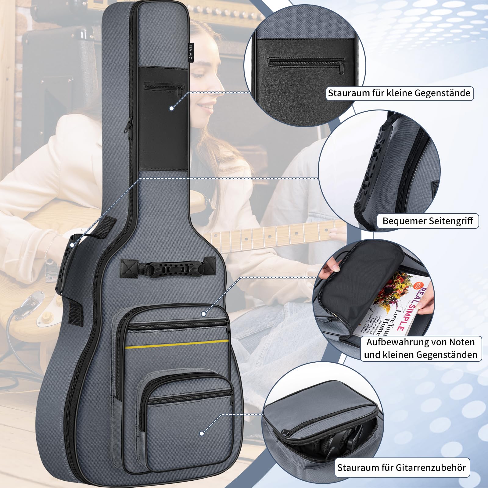 OUUTMEE 41 Zoll Tasche für E-Gitarre 104 x 40 x 7 cm Gitarrentasche Verstellbare Schultergu 5 mm Perlenwattepad 600D Oxford-Tuch，Grau