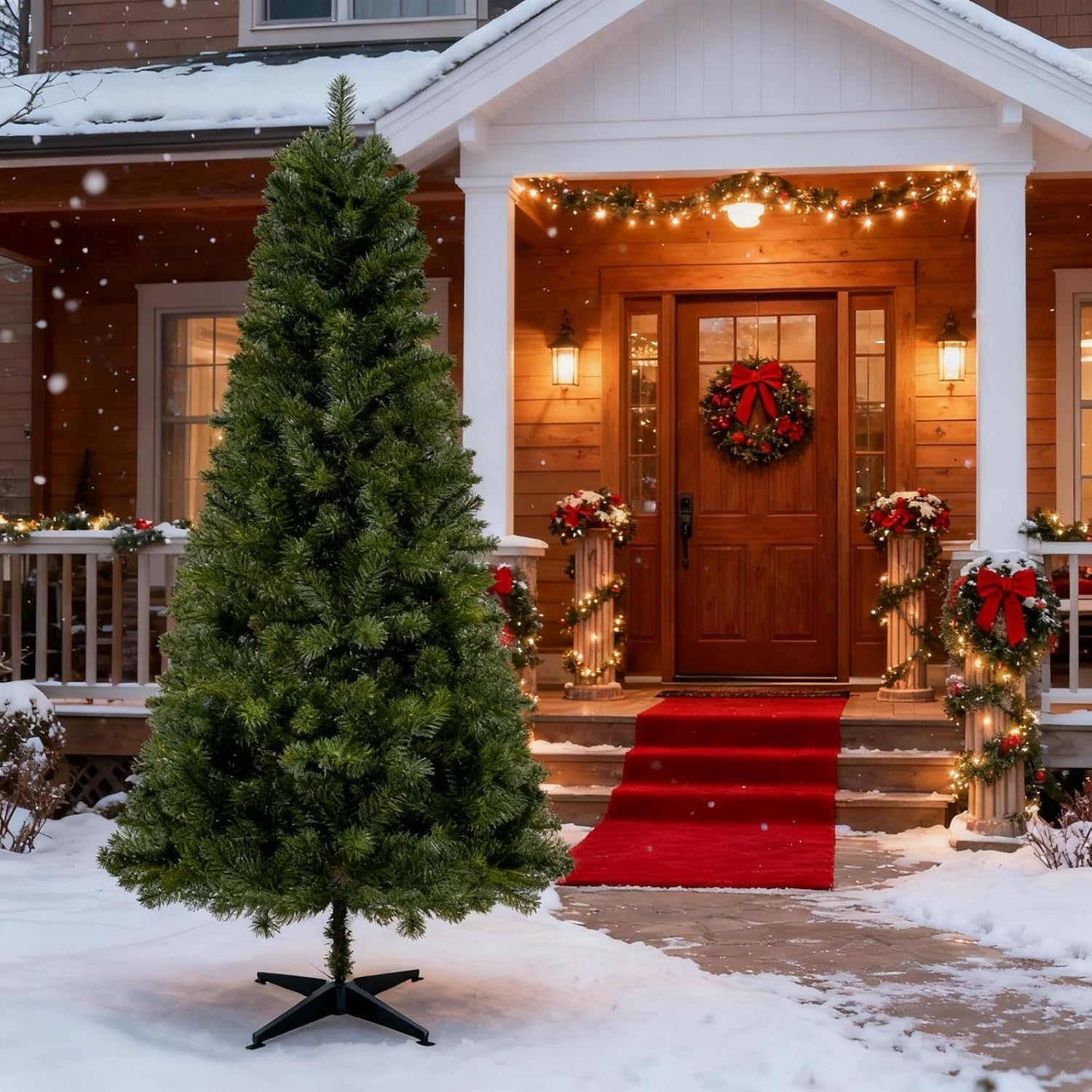7FT Artificial Christmas Tree with Snow-Tipped Branches, 870 Hinged PVC Tips, Stable Iron Stand, No-Mess Design for Easy Cleanup