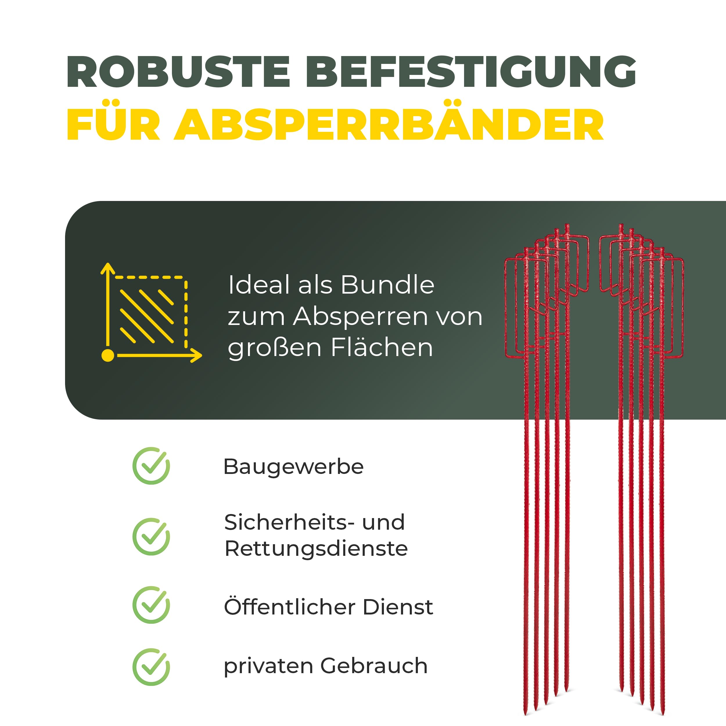 Novatool 10er-Set Absperrbandhalter Ø12 x 1100mm Rot, Metall Absperrband Absperrstangen Laternenstange Absperrleinenhalter Absperrhalter Schnureisen Schnurnagel, für Baustelle & Garten