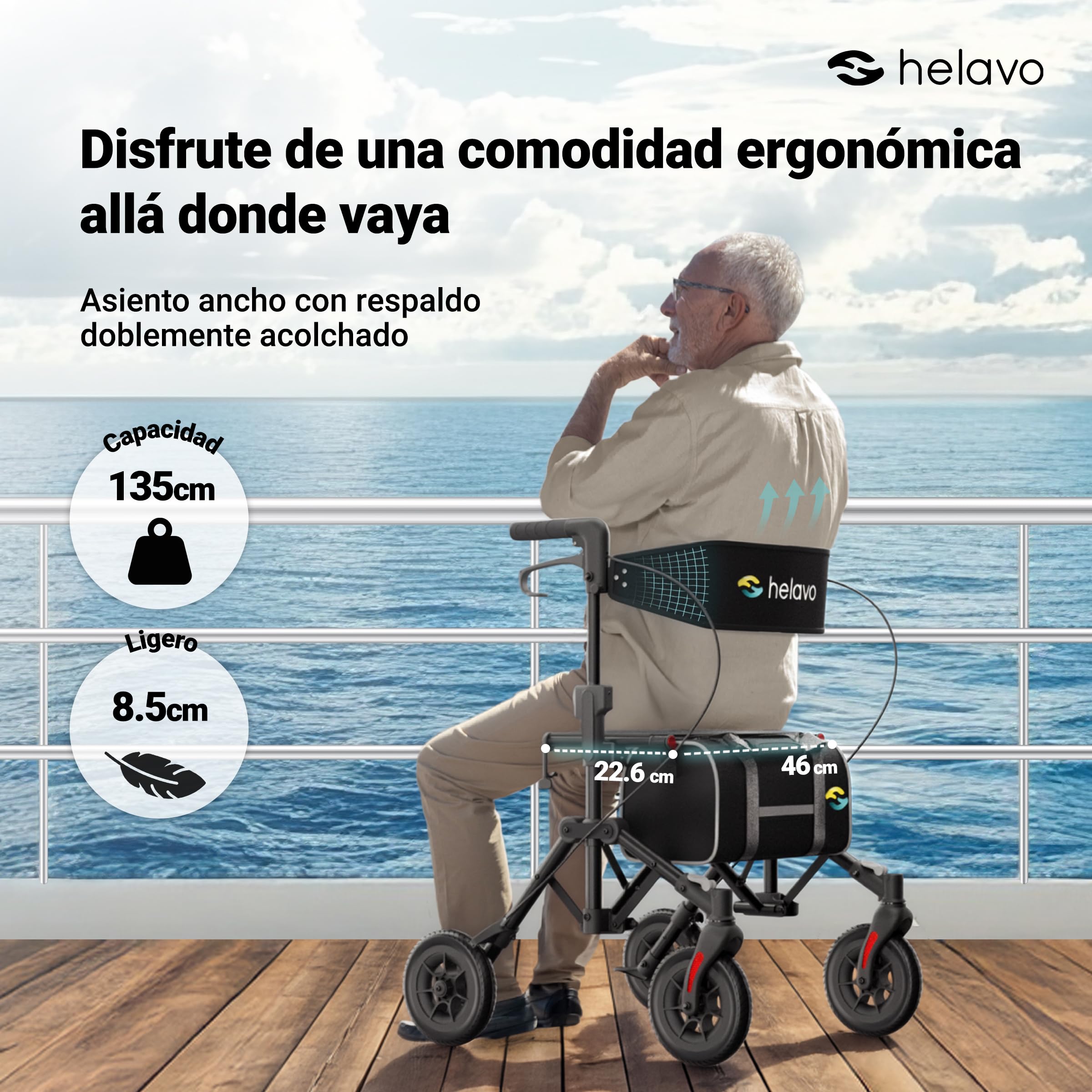 Helavo Andador de viaje plegable y ligero con asiento para personas mayores, andador doble plegable completamente premontado, ruedas de poliuretano de 8 pulgadas, asas ajustables en altura