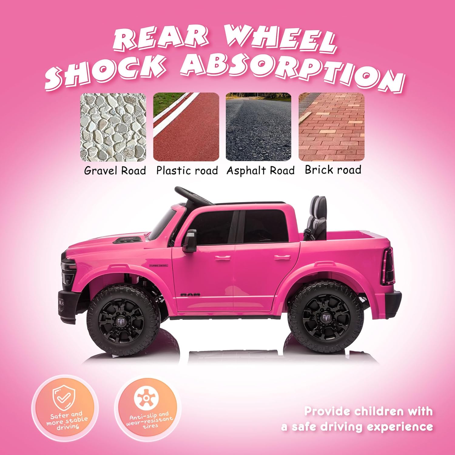 24V 160W Licensed RAM 2500 Ride on Toy for Big Kids, 2 Seater Ride On Car with Remote Controll, Ride on Truck w/4-Wheel Suspension, Truck Bed Storage, Dual-Speed Modes, Soft Start & Stop (Pink)
