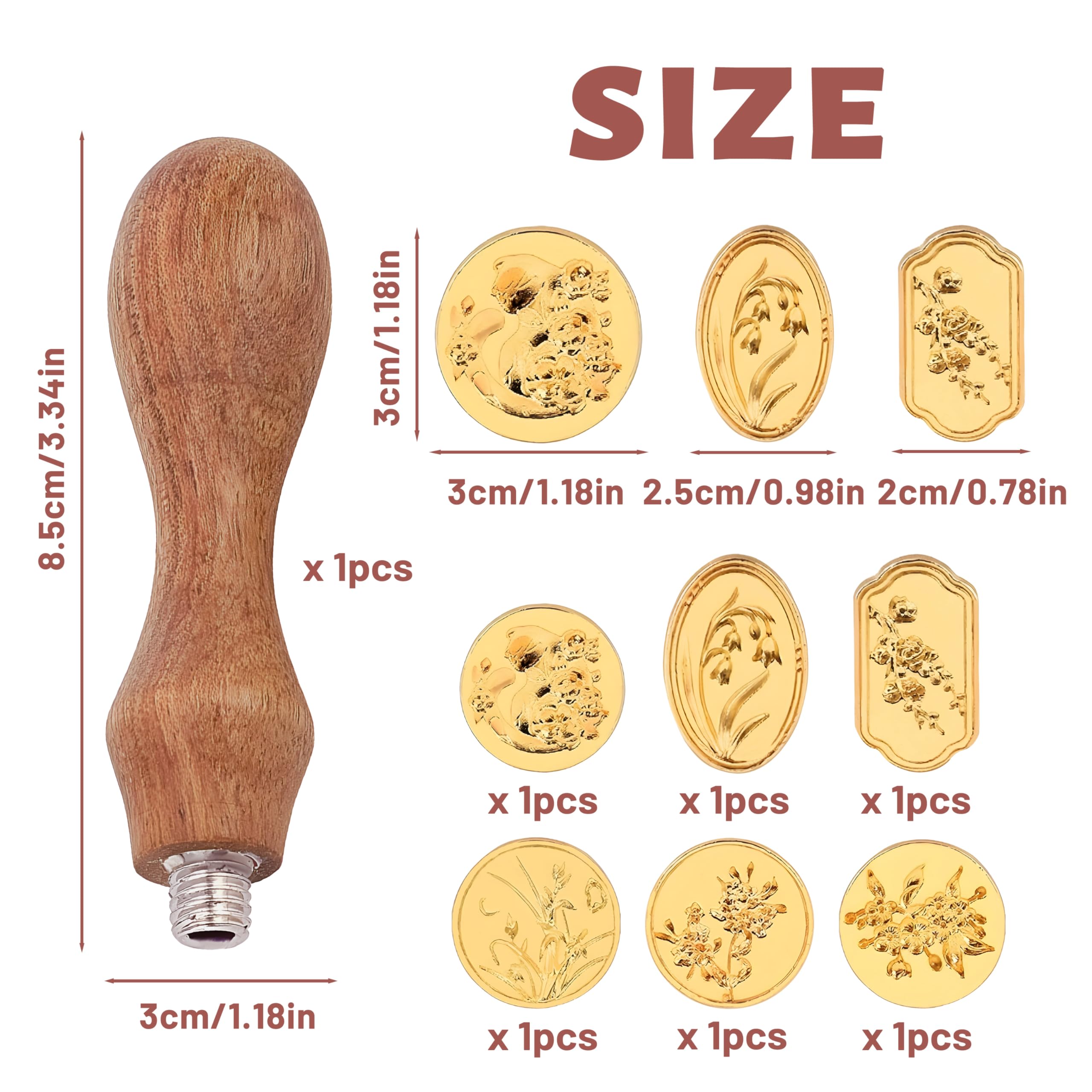 Kit Timbri Per Ceralacca Floreale 4 Pezzi – Teste In Ottone Con Manico In Legno – Rosa, Lavanda, Eucalipto, Cosmo - 4