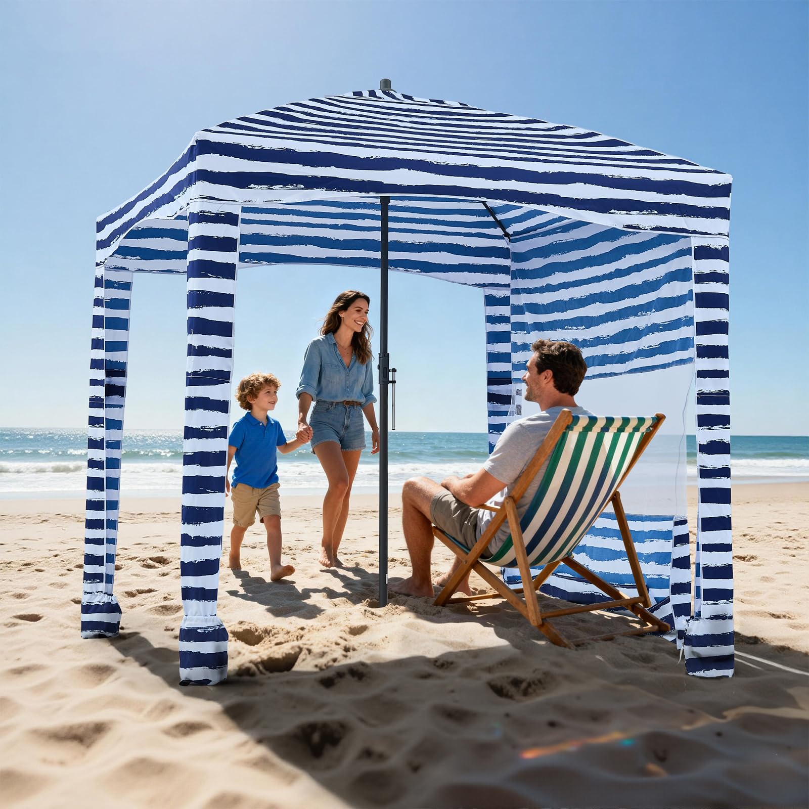 VEVOR Cabaña de Playa con Panel Lateral, Protección Solar UPF 50+, Sacos de Arena, Sombrilla Portátil para Disfrutar en Familia y con Amigos, Rayas Azul Marino y Blanco, 1830 x 1830 x 2290 mm