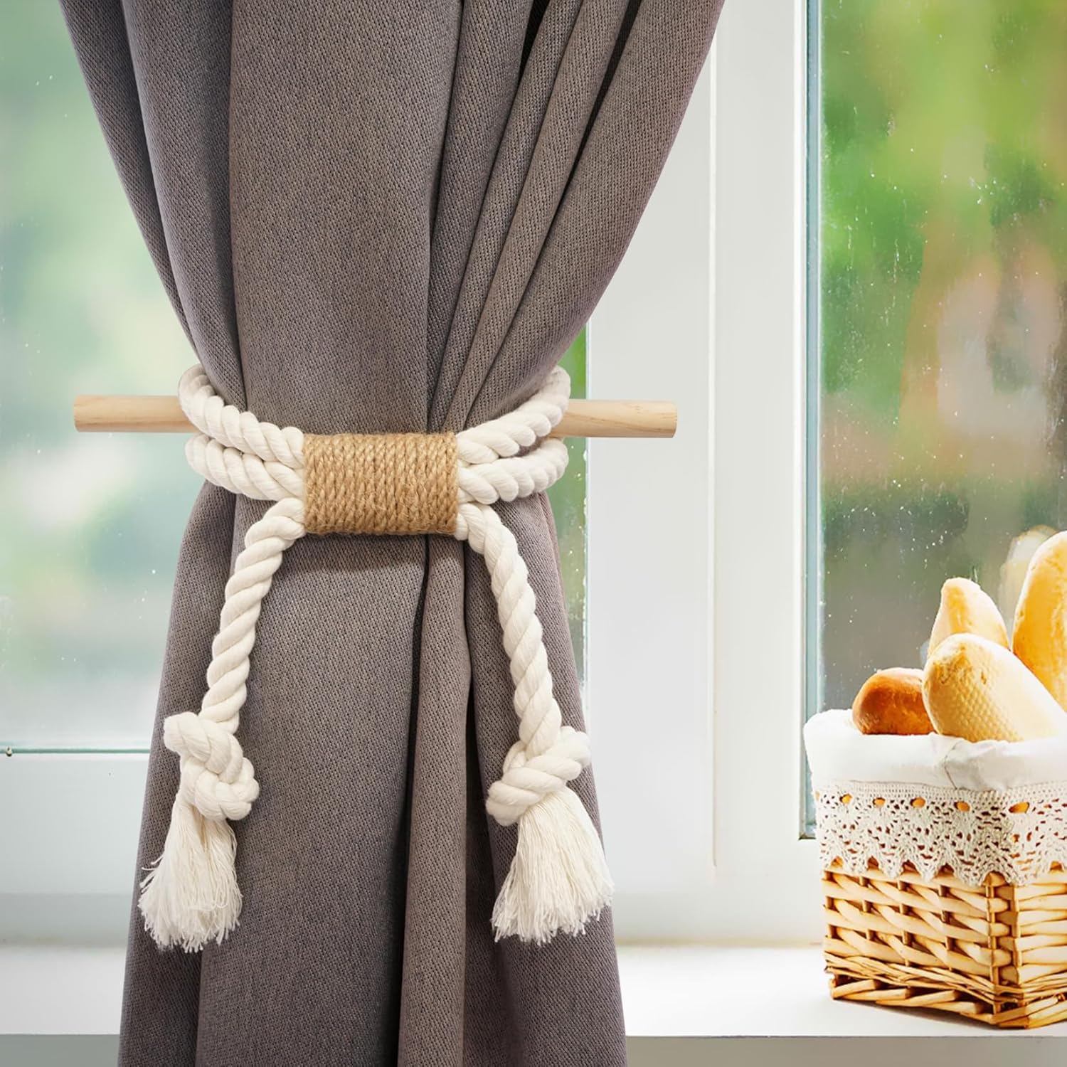 Home Queen Handcrafted Boho Curtain Tie Backs with Pine Stick, Natural Cotton Linen Rope Drapery Holdbacks with Tassels for Rustic Home, Easy No Drilling Install, Set of 4, Linen-Knotted Ivory Rope