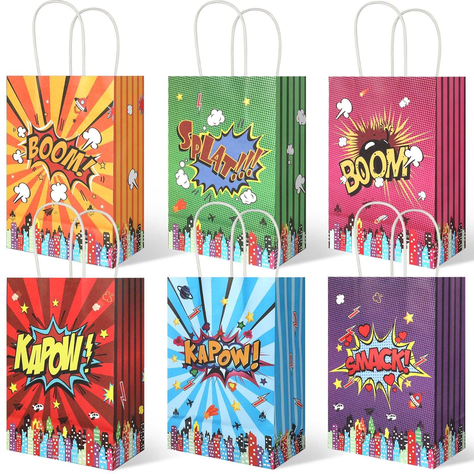 Ktxaby 20Pcs Superhero Party Favors Bags with Handles,Comic Hero Kraft Paper Bags,Goodie Bag Candy Treat Gift Bag for Boom Hero Themed Birthday Party Supplies