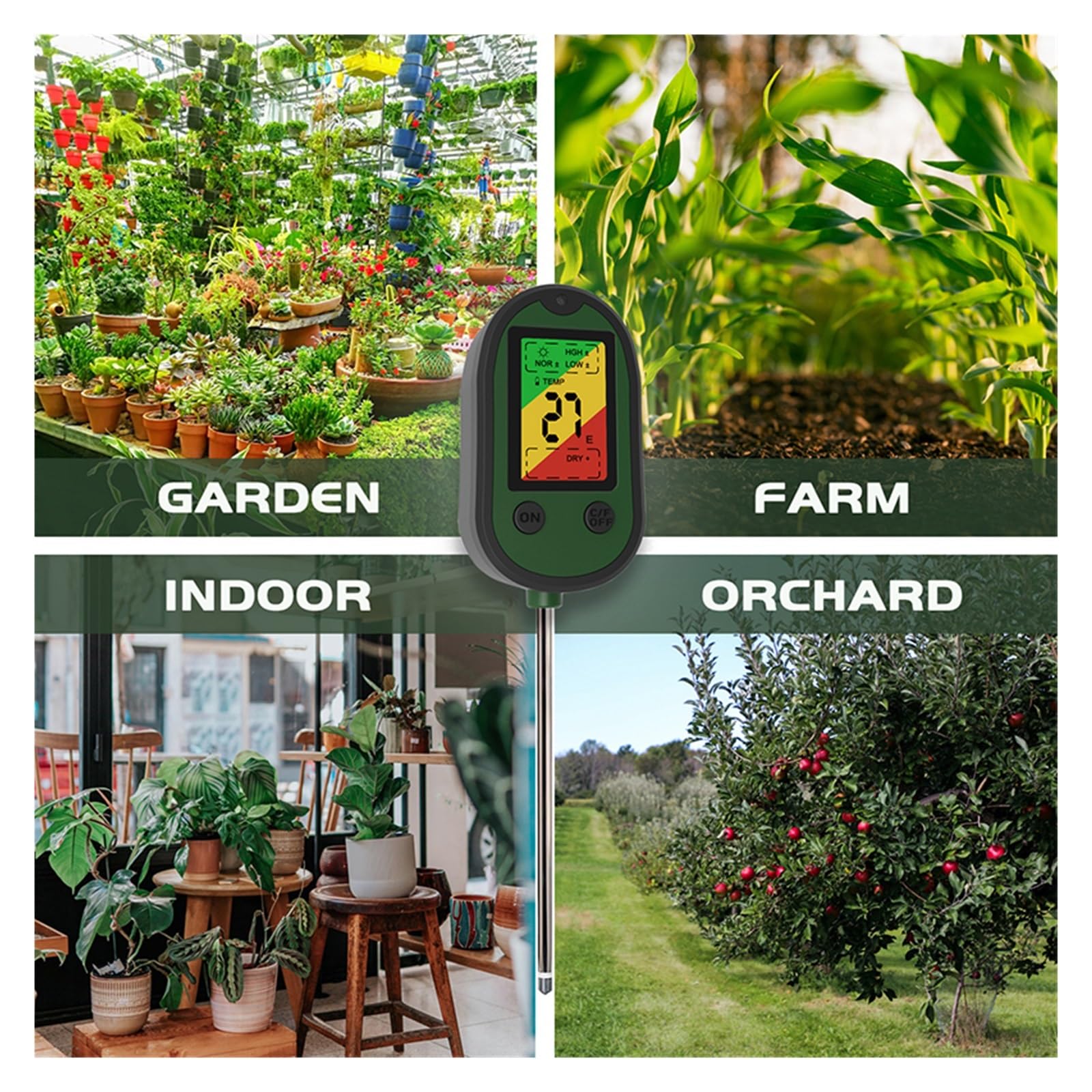 Probador de suelo 5 en 1, medidor de PH, medidor de humedad de plantas, temperatura, luz solar, medición de intensidad, análisis, alarma, Monitor de prueba de acidez del suelo