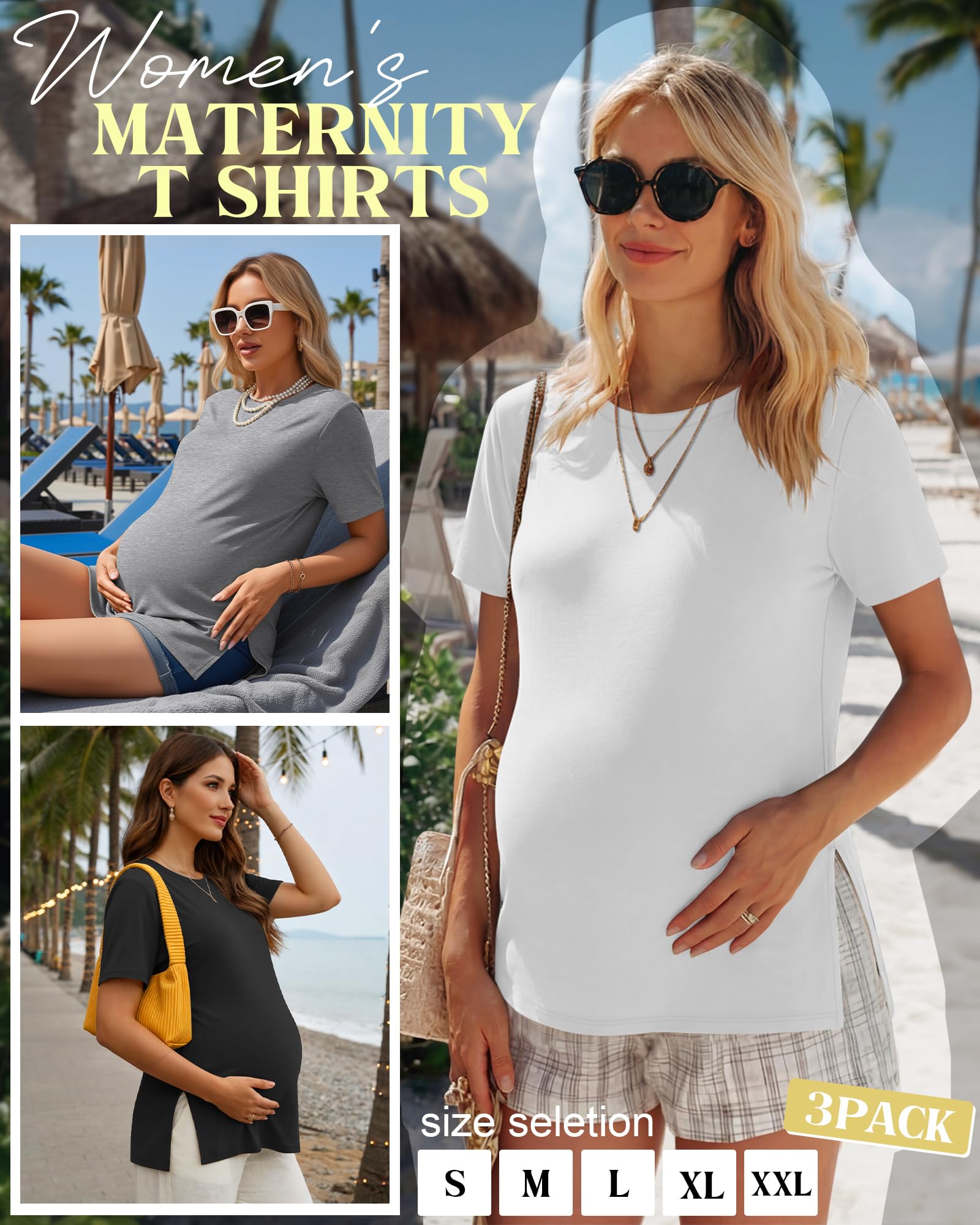 Ficerd, Confezione da 3 Magliette Premaman da Donna, Manica Corta, Spacchi Laterali, Casual, Girocollo, per Gravidanza