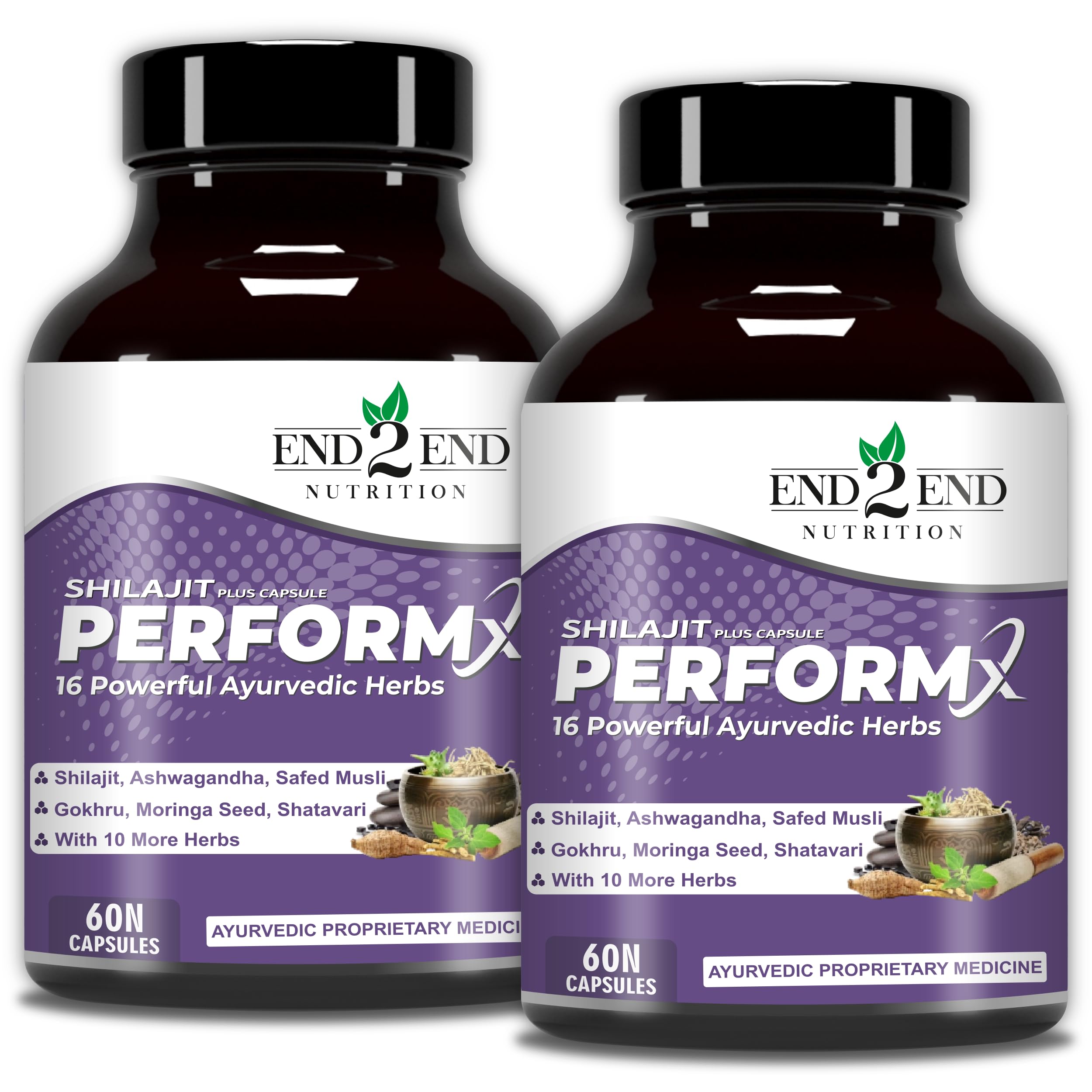 End2End Nutrition PerformX - Original Shilajit with Ashwagandha, Gokhru, Safed Musli for Strength, Stamina & Energy - (Pack of 2) 120 Capsules