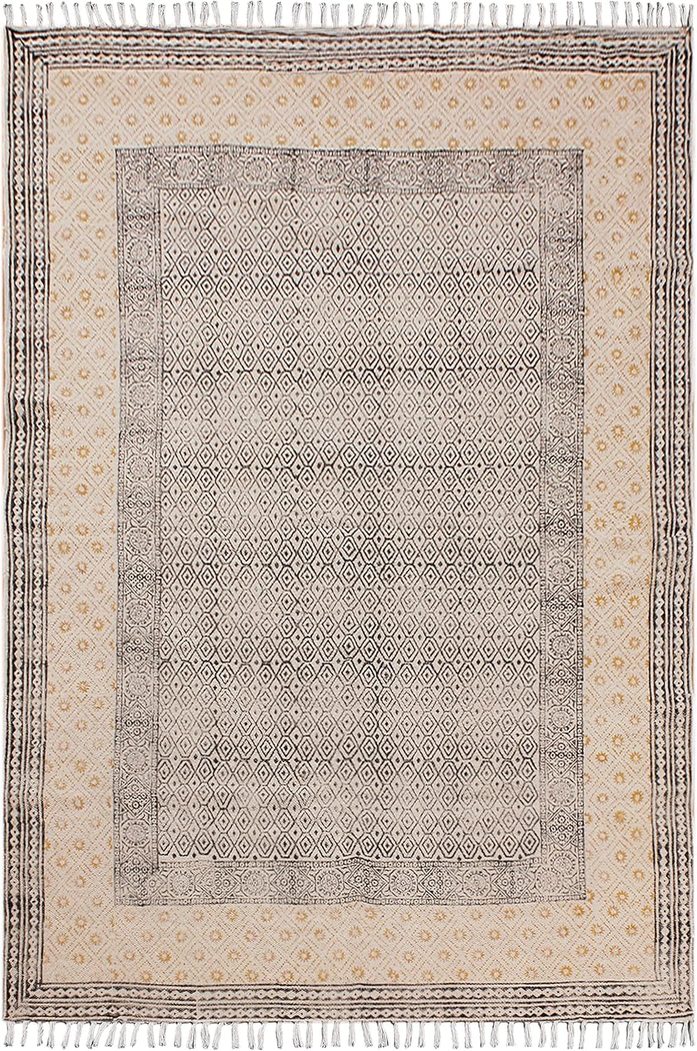 Kilim Tapis carré en coton beige et noir épais de 0,5 cm d'épaisseur – Lavable à la main – Tapis en coton tissé plat pour cuisine, table de chevet, entrée