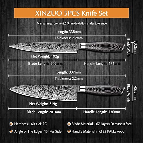 Miniatura 4 de XINZUO Cuchillo de cocina de 5 piezas, juego de cuchillos de chef profesional de acero de Damasco súper afilado con mango de madera de Pakkawood