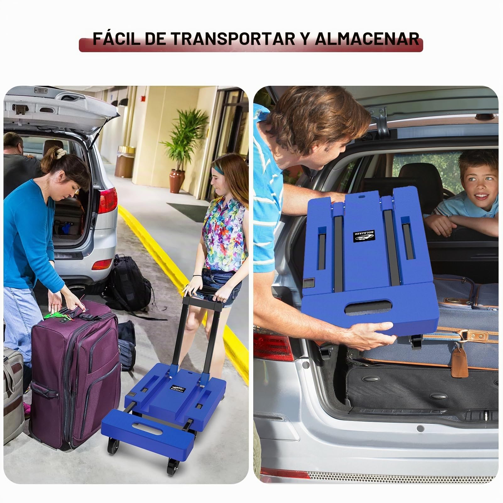 SOLEJAZZ Carro Plegable portátil, camión de Mano Plegable para moverse, Carrito de Equipaje de 500 Libras con 6 Ruedas y 2 Cuerdas elásticas para Equipaje, Viajes, mudanza, Uso de Oficina, Azul