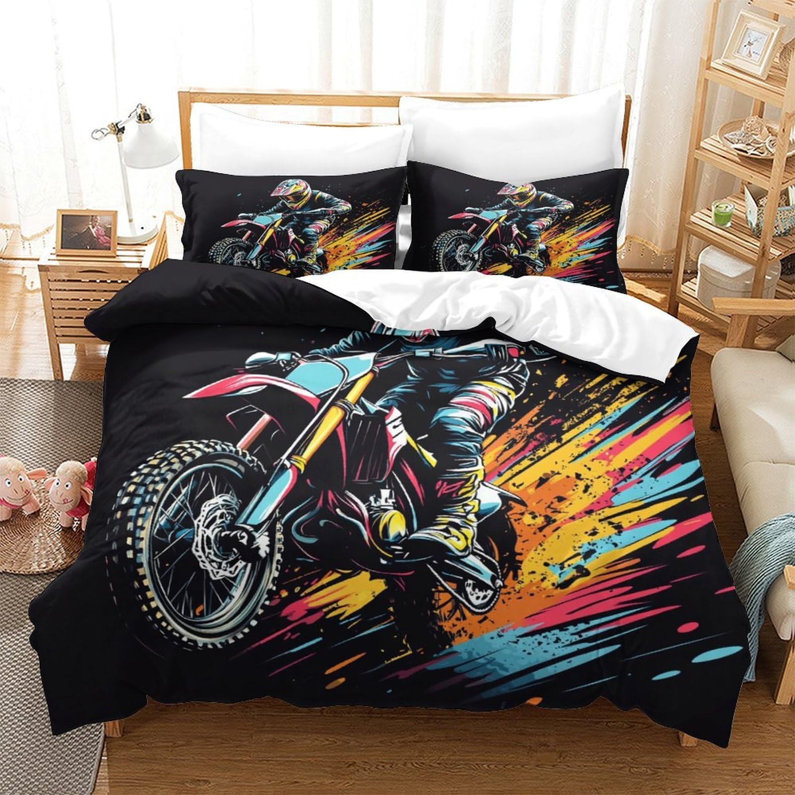 YYVKPMLXC Dirt Bike 3D Printed Duvet Cover Sets,Mountain Riding Bedding Bed Sets Microfiber Quilt Cover 3pcs, Comforter Cover with Zipper Closure For Kids Boys Bedroom Decor King（220x240cm）