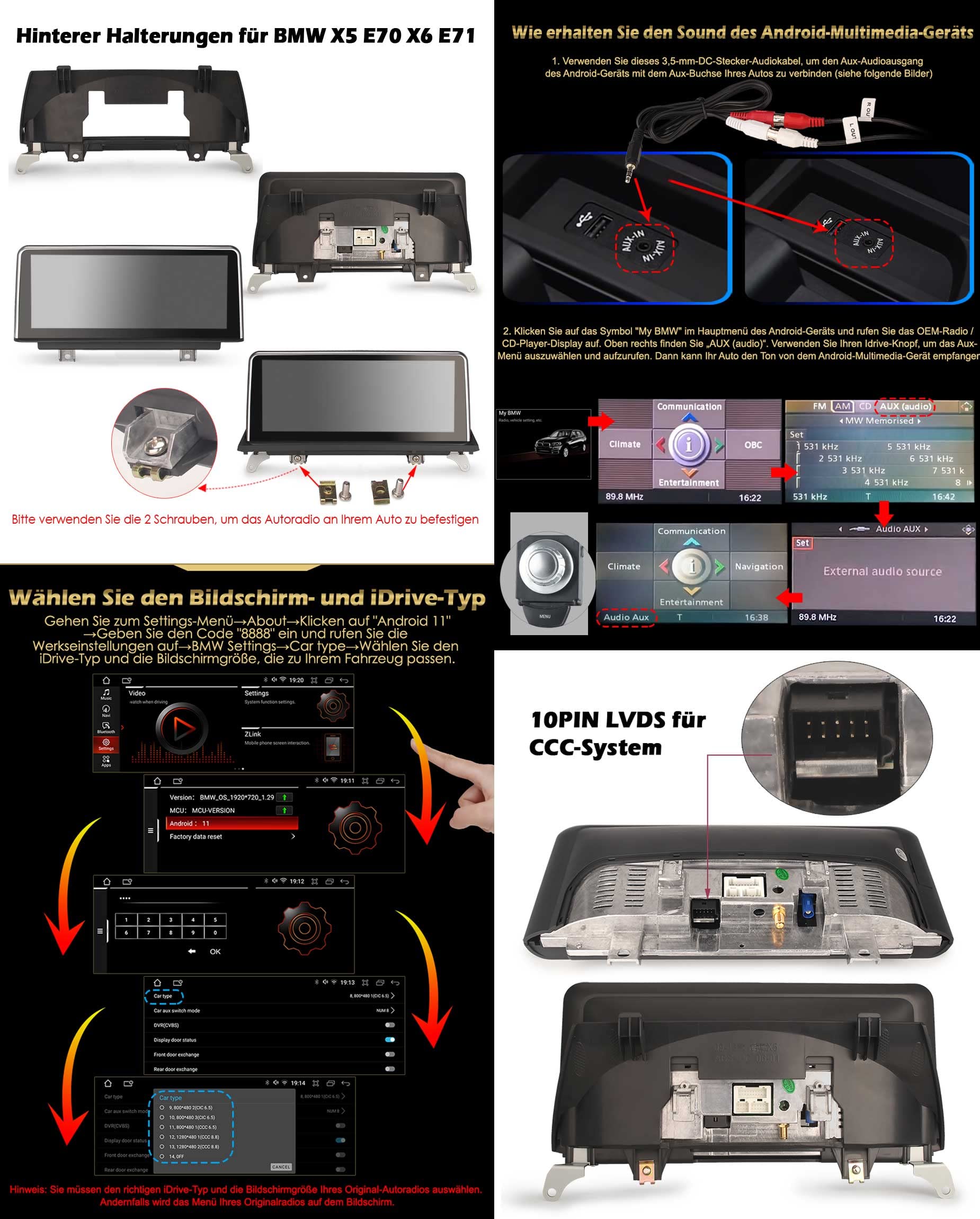 Erisin 8-Núcleo 4GB+64GB Android 14 Radio Coche GPS Navegador para BMW X5 E70 X6 E71 CCC Sistema 10,25 pulgadas Pantalla táctil IPS Soporta CarPlay Android Auto Bluetooth DAB+WiFi 4G USB Canbus iDrive
