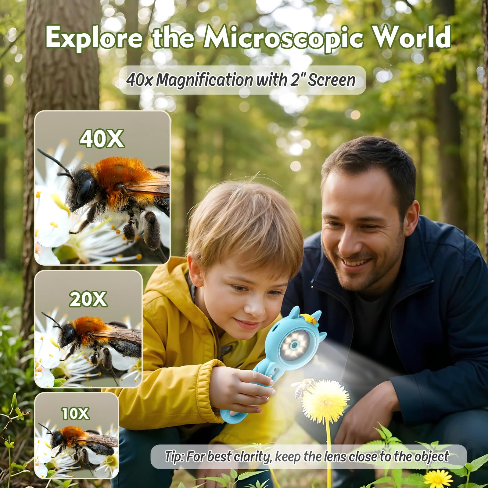 Microscopio para niños: aumento de 500x, zoom de 16X, microscopio de mano para niños con cámara HD, herramienta portátil de aprendizaje científico, regalos de cumpleaños de Navidad para niños y niñas