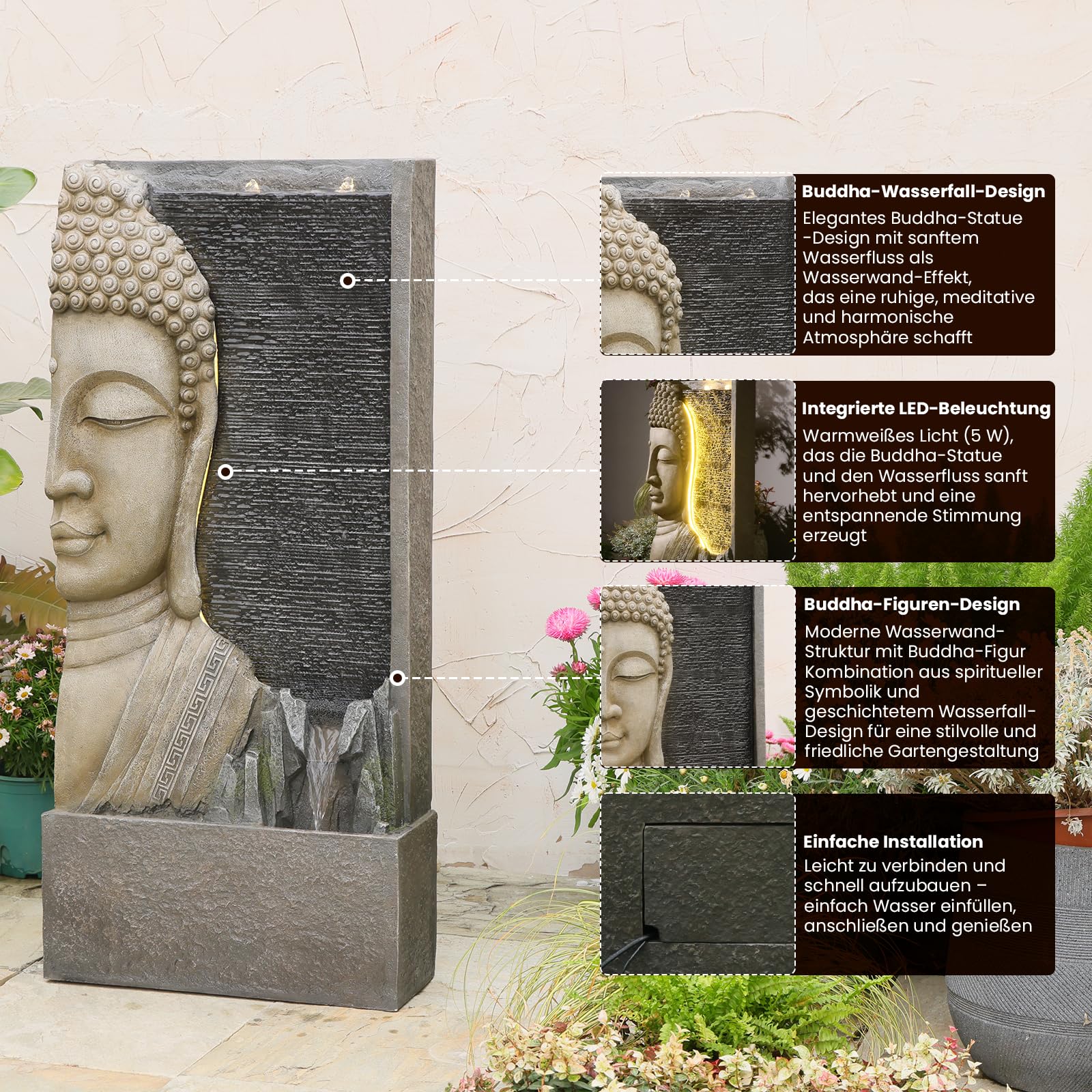 Sunlinua 117cmH Zen-Buddha Gartenbrunnen mit LED, Wasserfall mit Doppel-Bubblern und Bachlauf, Harz-Statue für Terrasse, Garten, Veranda, Meditations-Dekor, Grau