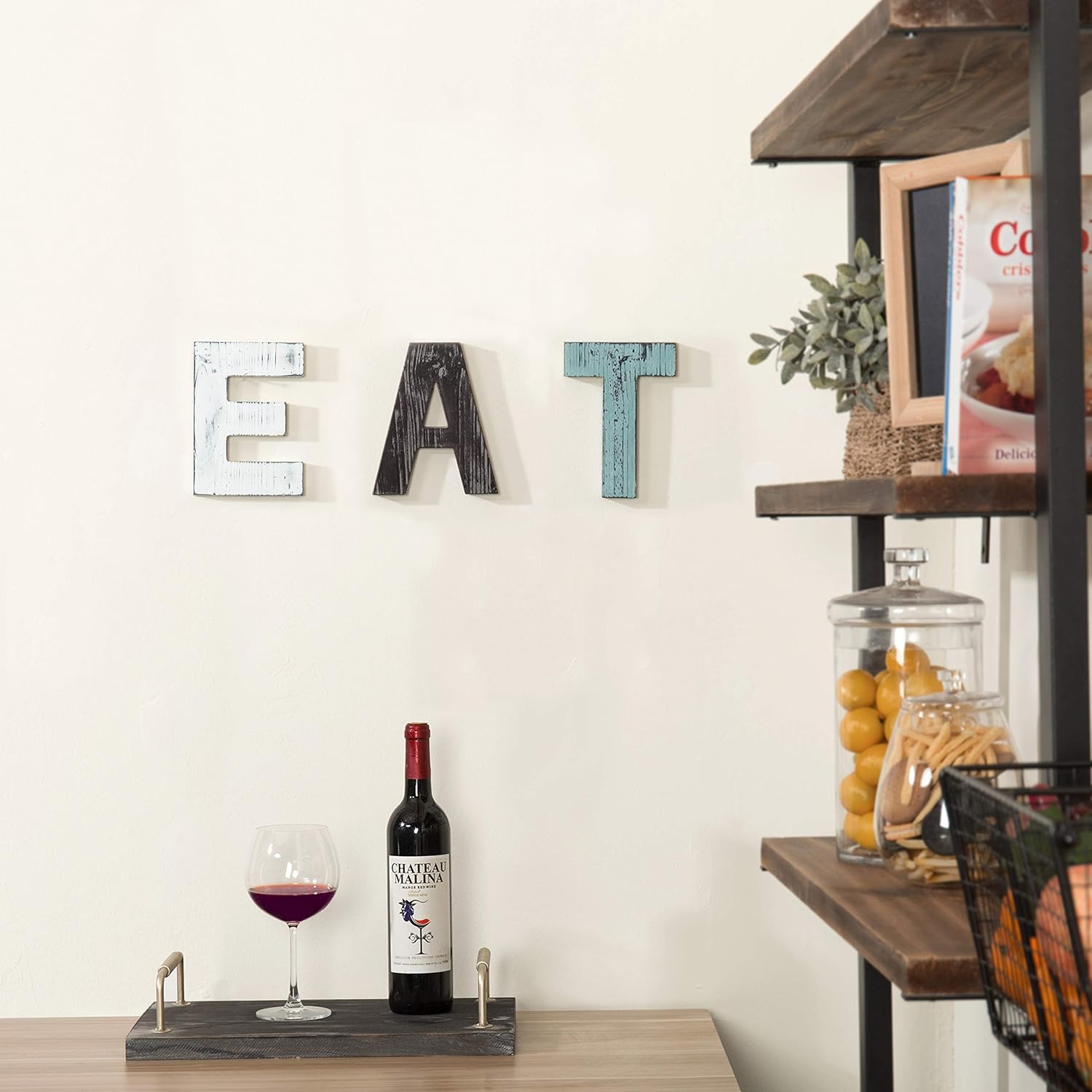 MyGift Wall Mounted Multicolored Solid Wood Letter EAT Cutout Block Wall Sign, Rearrange Letters to TEA, Kitchen Farmhouse Above Cabinet Decor, Dining Room Wall Decor