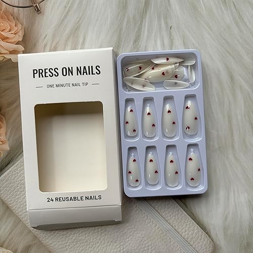 Miniatura 7 de Uñas postizas a presión para el día de San Valentín, uñas postizas blancas con diseño de corazón rojo, uñas adhesivas medianas medianas de cobertura